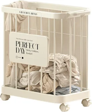 Slim Rolling Laundry Basket,Dirty Clothes Laundry Basket with Wheels Large Capacity Strong Load-Bearing Sturdy Construction Laundry Hamper Toys Storage Basket for Laundry and Bathroom Milky W