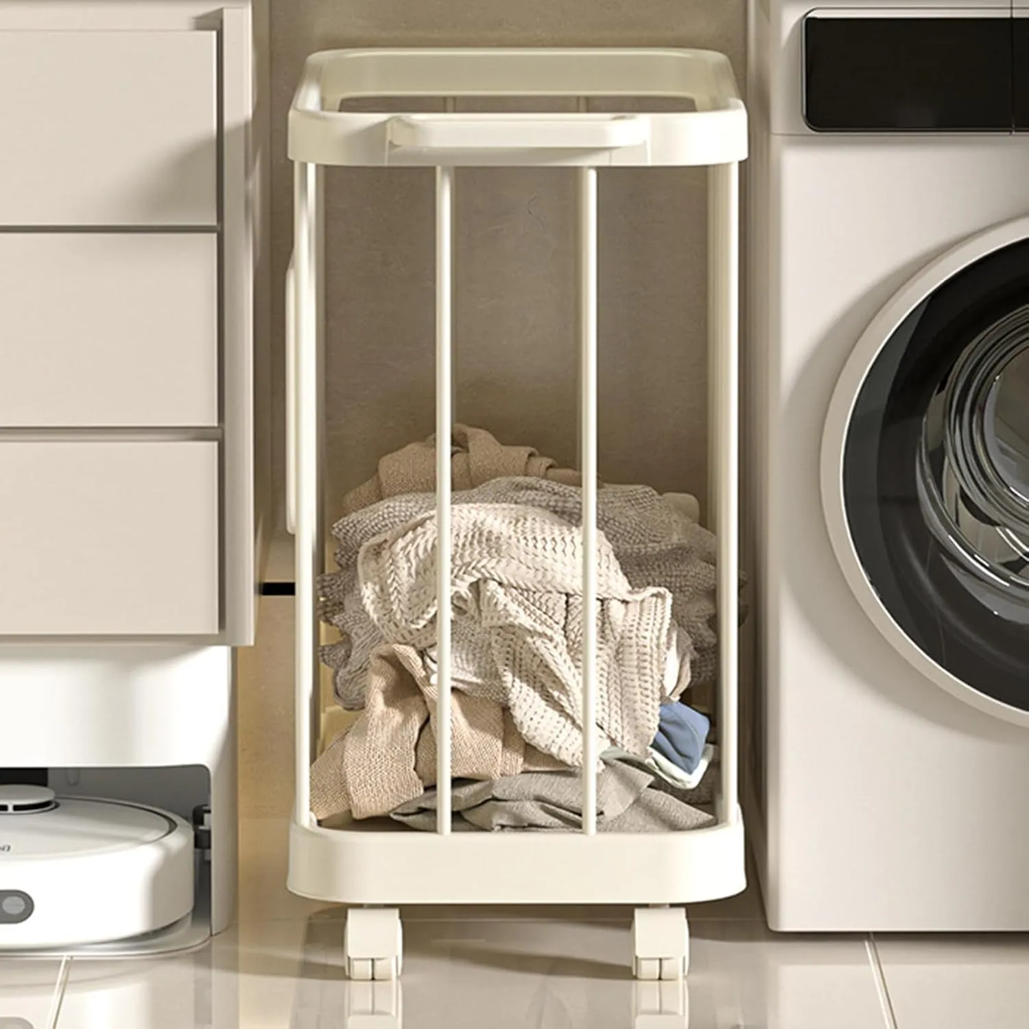 Slim Rolling Laundry Basket,Dirty Clothes Laundry Basket with Wheels Large Capacity Strong Load-Bearing Sturdy Construction Laundry Hamper Toys Storage Basket for Laundry and Bathroom Milky W