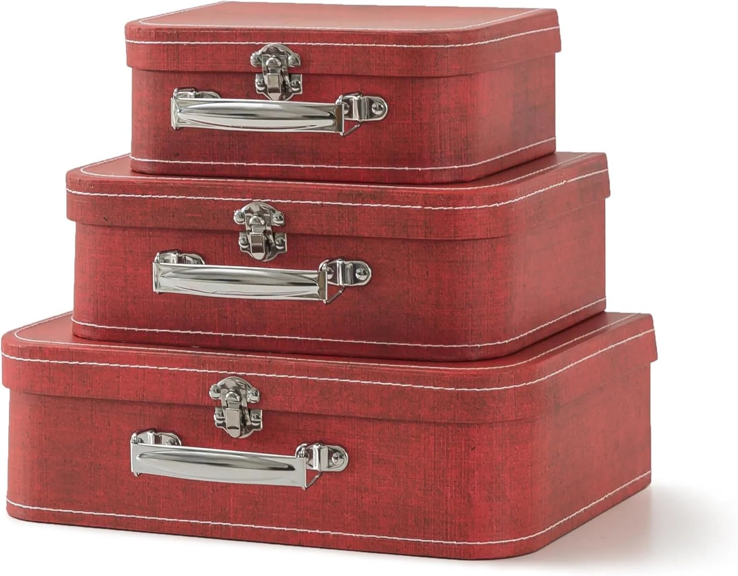 SLPR Cardboard Suitcase Boxes with Handle (Set of 3, Distressed Red) | Paperboard Boxes with Lids for Wedding Decoration Birthday Parties