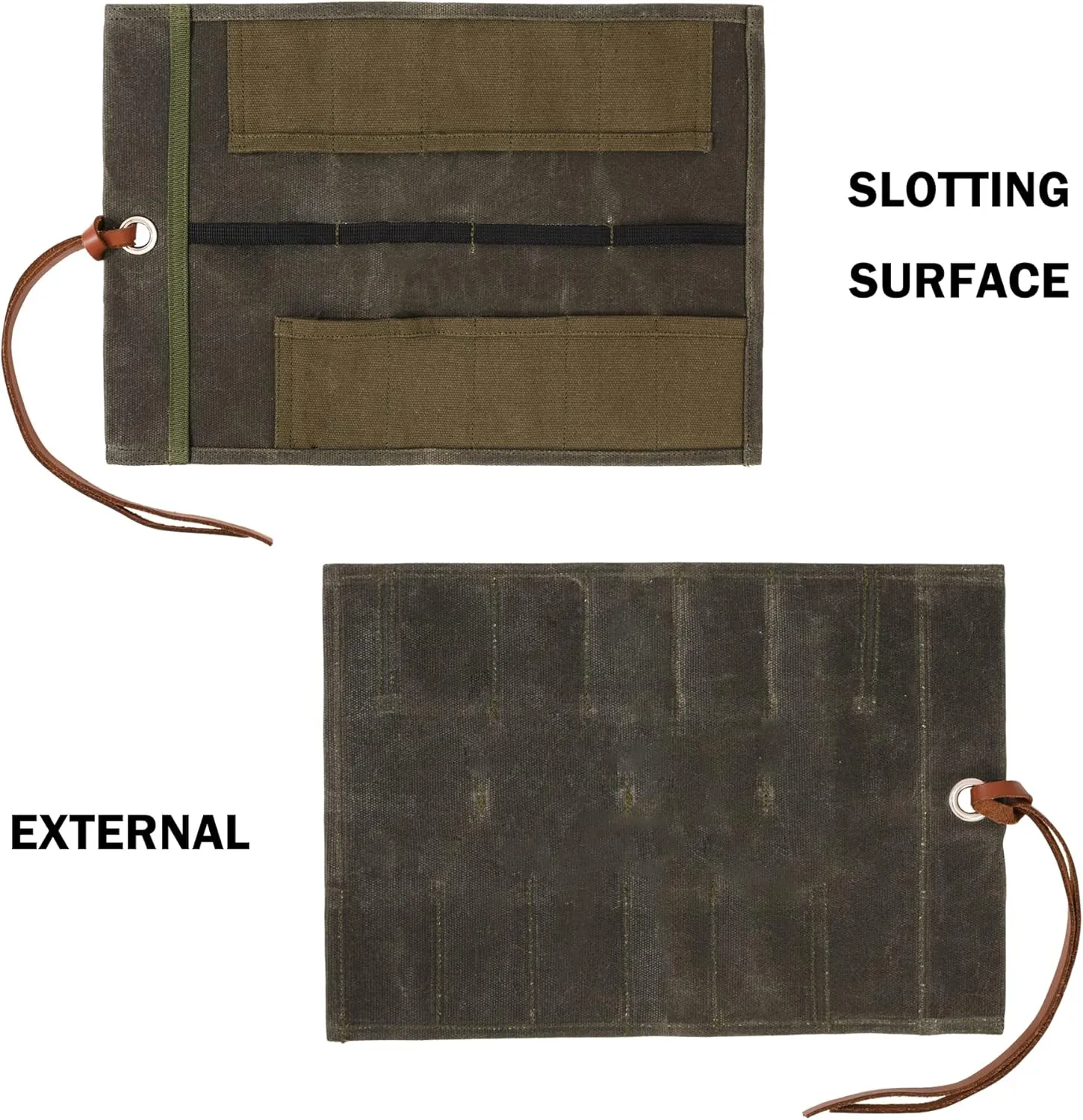 Small Tool Pouch, Heavy Duty 16oz Waxed Canvas Tool Roll Bag, Sustainable Screwdriver & Tool Organizer Case - 10 Pockets - Army Green