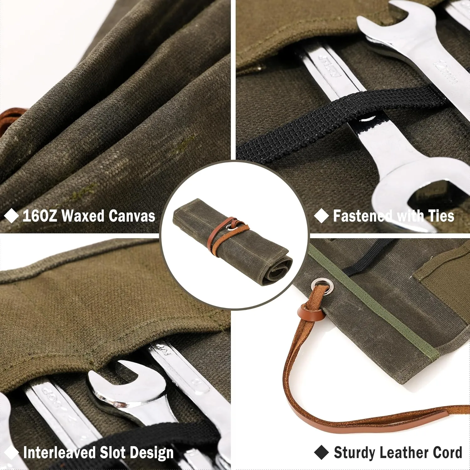 Small Tool Pouch, Heavy Duty 16oz Waxed Canvas Tool Roll Bag, Sustainable Screwdriver & Tool Organizer Case - 10 Pockets - Army Green