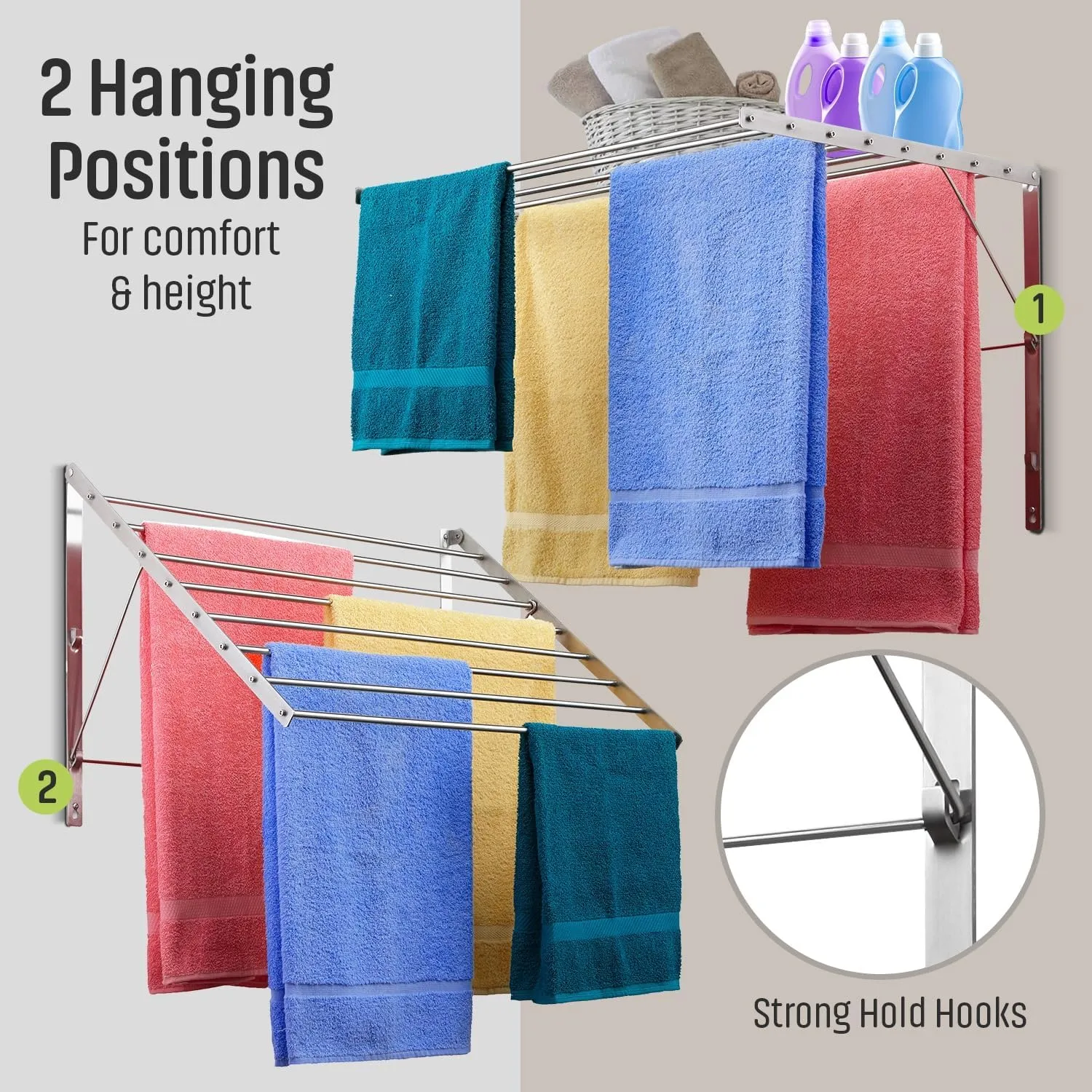 Smartsome | Wall Mounted | Clothes Drying Rack | 30" Wide | 20 Linear Feet Capacity | 8 Smooth Round Stainless Steel Rods | 60 lb Capacity | Fully Assembled | Compact Sturdy Space-Saving Design