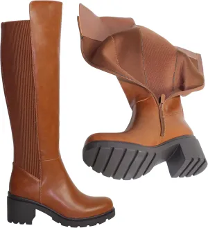 SOBEYO Women's Boots Knee High Chunky Heels Elastics Side Zipper Closure