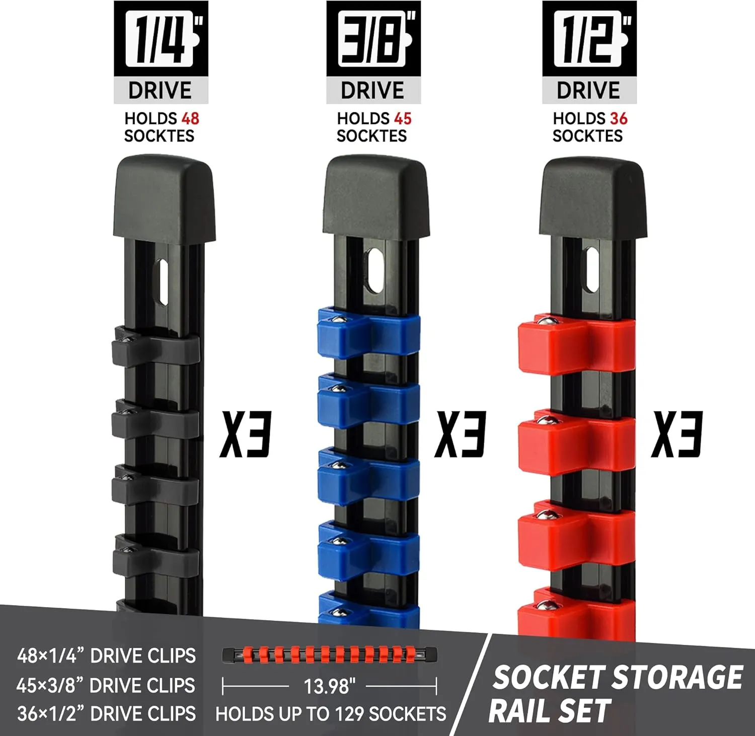 Socket Organizer Tool Tray - 9 Pieces Heavy Duty ABS Socket Holder with 129 Clips for Garage & Workshop (1/4", 3/8", 1/2"), Father's Day Gift for Mechanics
