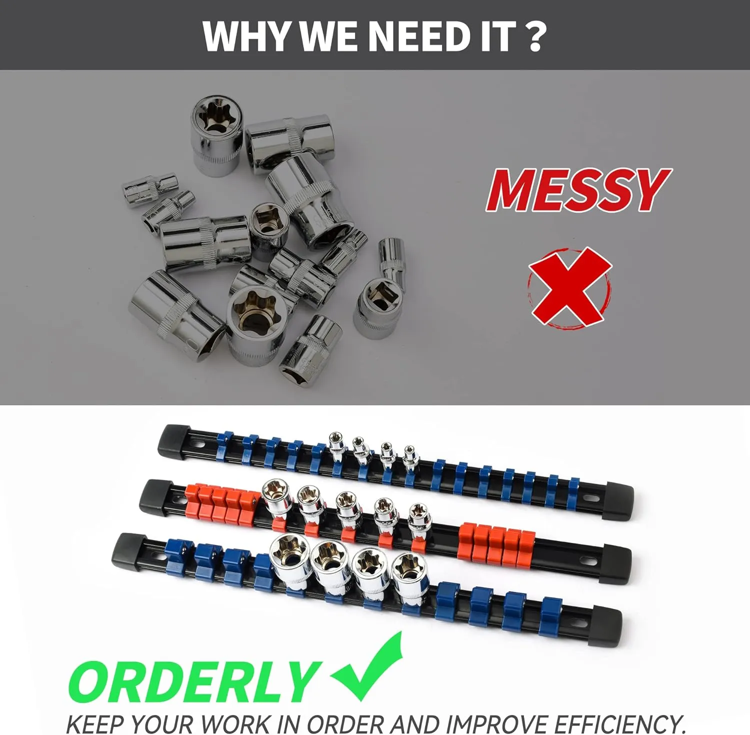 Socket Organizer Tool Tray - 9 Pieces Heavy Duty ABS Socket Holder with 129 Clips for Garage & Workshop (1/4", 3/8", 1/2"), Father's Day Gift for Mechanics