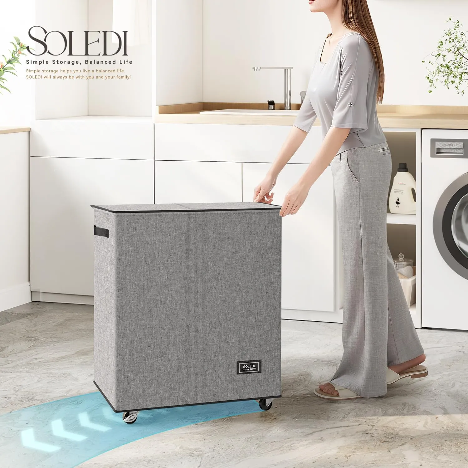 SOLEDI 145L Laundry Basket with Wheels - Double Laundry Hamper with Wheels, Hamper 2 Section for Sorting Laundry, Rolling Laundry Basket - Smooth Wheels and Removable Bag for Easier Transportation