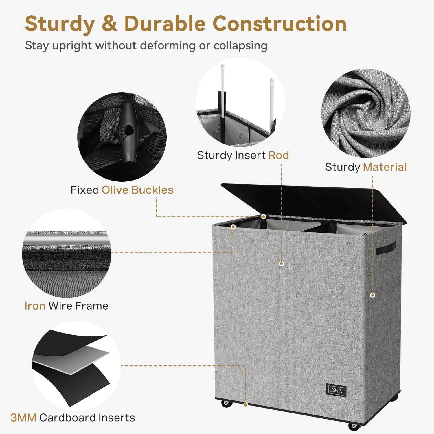 SOLEDI 145L Laundry Basket with Wheels - Double Laundry Hamper with Wheels, Hamper 2 Section for Sorting Laundry, Rolling Laundry Basket - Smooth Wheels and Removable Bag for Easier Transportation