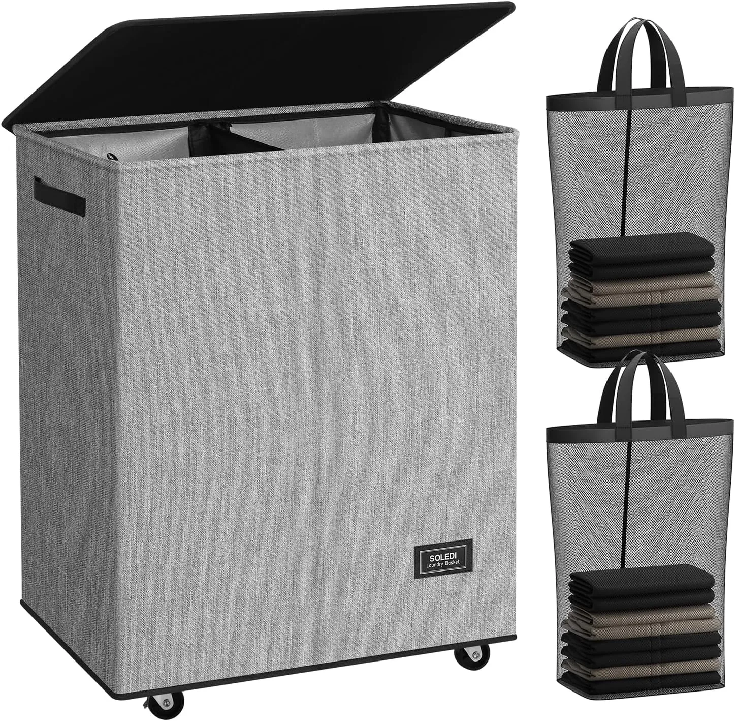 SOLEDI 145L Laundry Basket with Wheels - Double Laundry Hamper with Wheels, Hamper 2 Section for Sorting Laundry, Rolling Laundry Basket - Smooth Wheels and Removable Bag for Easier Transportation