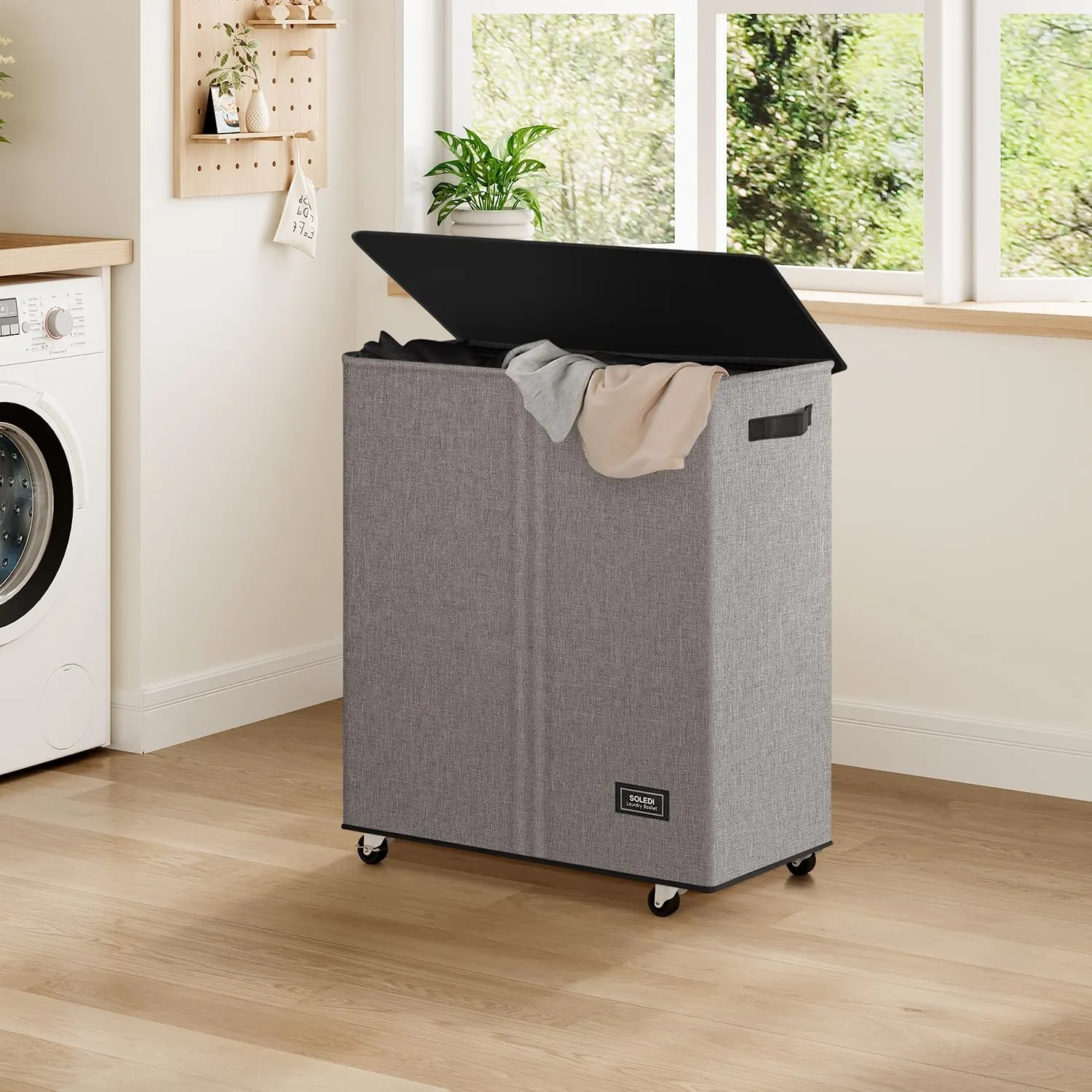 SOLEDI 145L Laundry Basket with Wheels - Double Laundry Hamper with Wheels, Hamper 2 Section for Sorting Laundry, Rolling Laundry Basket - Smooth Wheels and Removable Bag for Easier Transportation