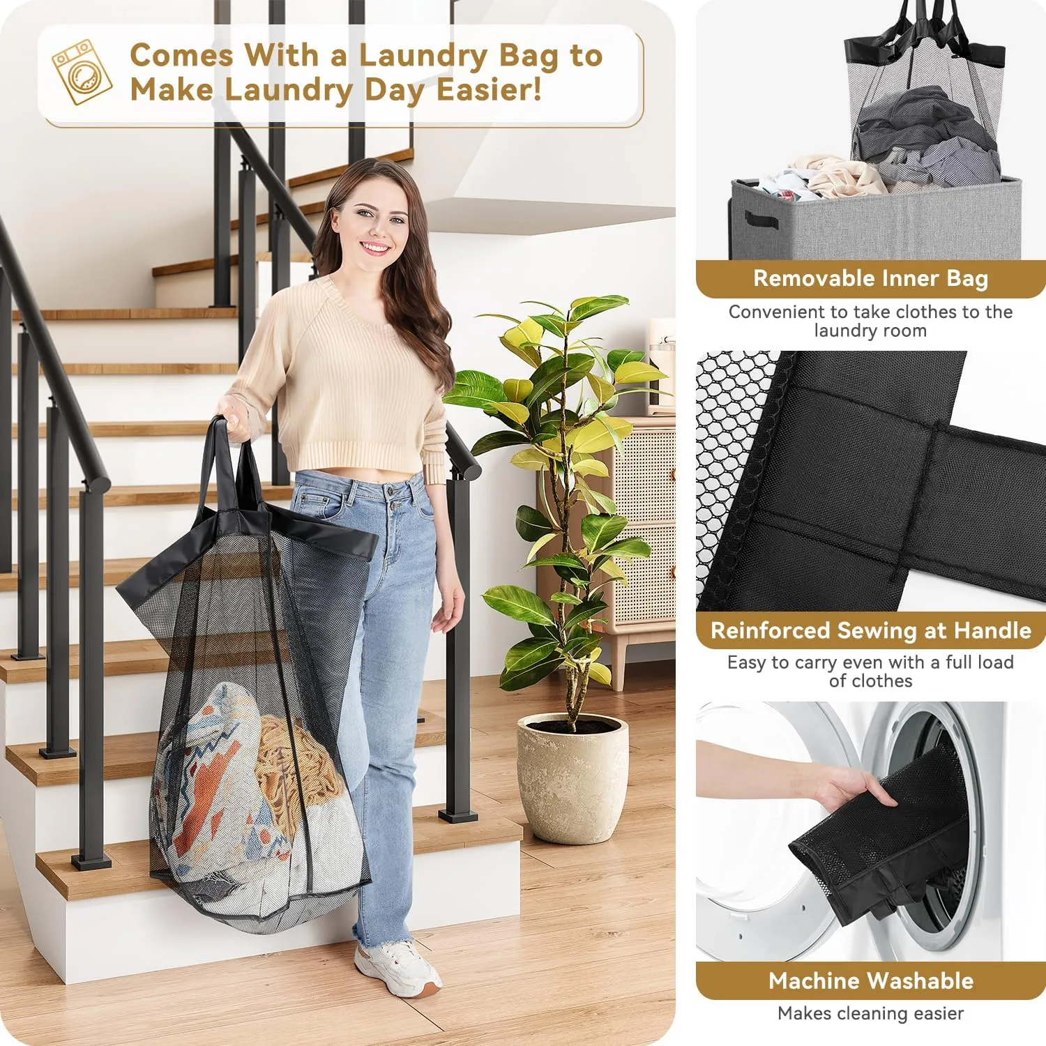 SOLEDI 145L Laundry Basket with Wheels - Double Laundry Hamper with Wheels, Hamper 2 Section for Sorting Laundry, Rolling Laundry Basket - Smooth Wheels and Removable Bag for Easier Transportation