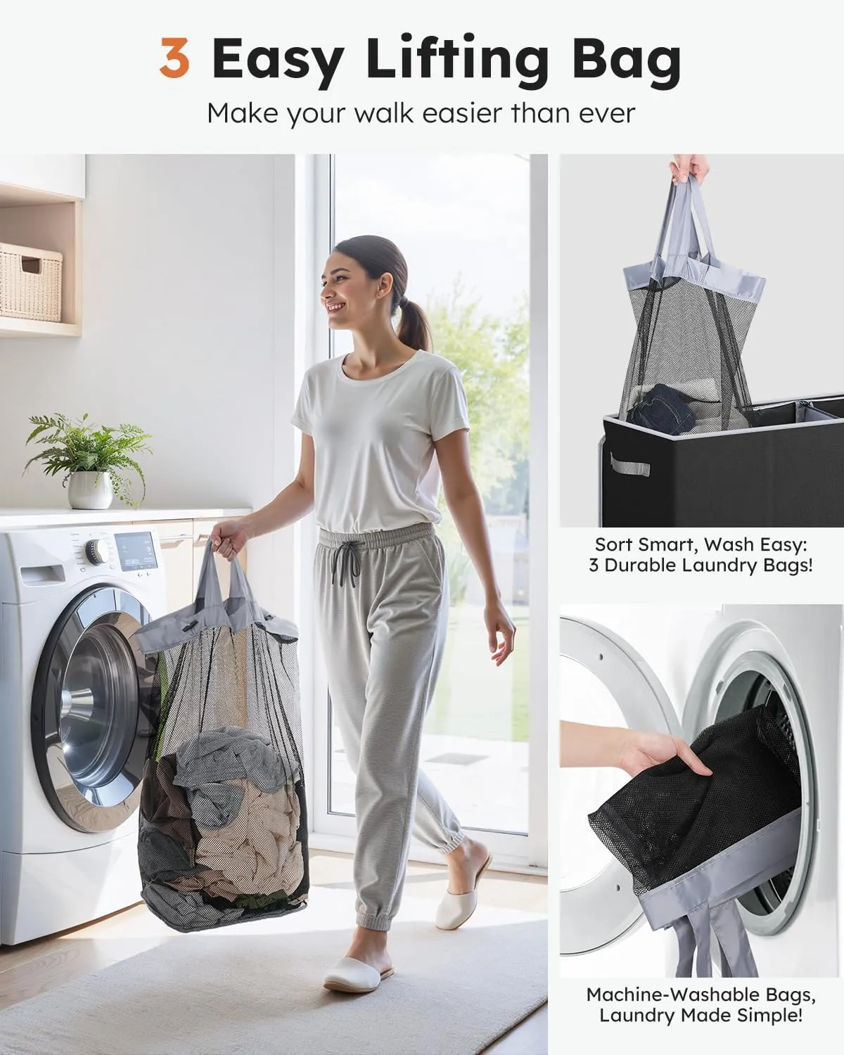 SOLEDI 180L Laundry Hamper 3 Section, Extra Large Laundry Hamper with Lid, Dirty Clothes Hamper with Sturdy Handle, Large Laundry Basket Organizer for Laundry Room, Bedroom, Hampers for Laundry