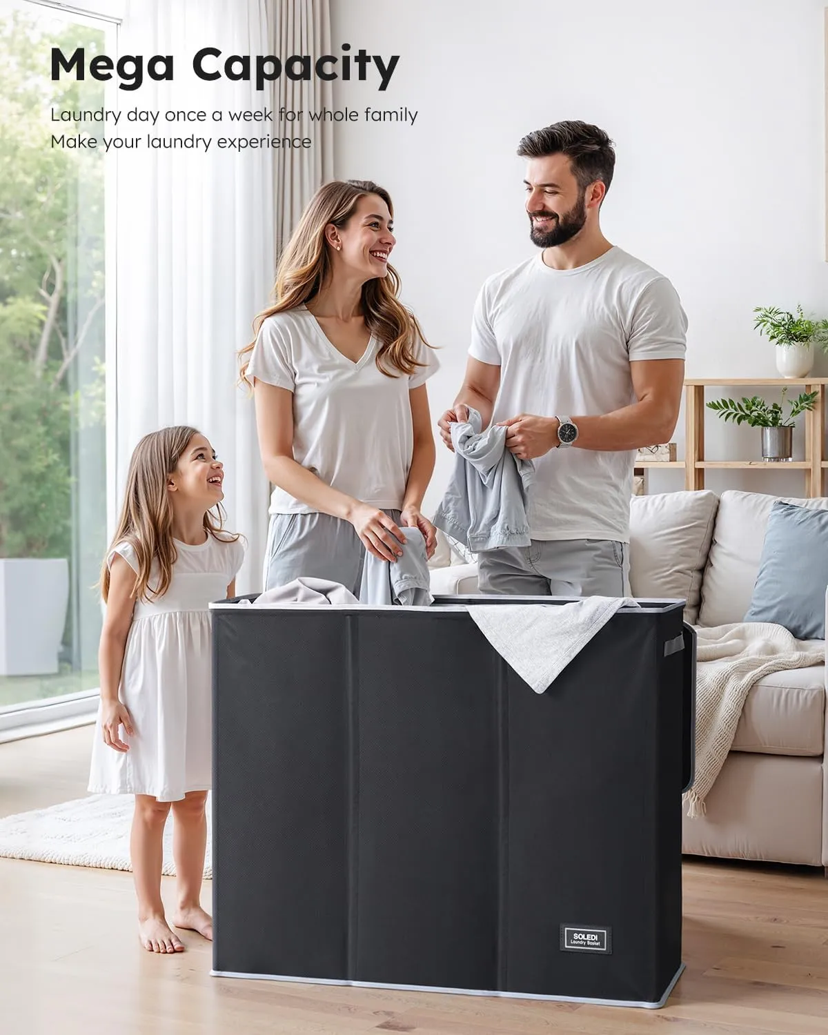 SOLEDI 180L Laundry Hamper 3 Section, Extra Large Laundry Hamper with Lid, Dirty Clothes Hamper with Sturdy Handle, Large Laundry Basket Organizer for Laundry Room, Bedroom, Hampers for Laundry
