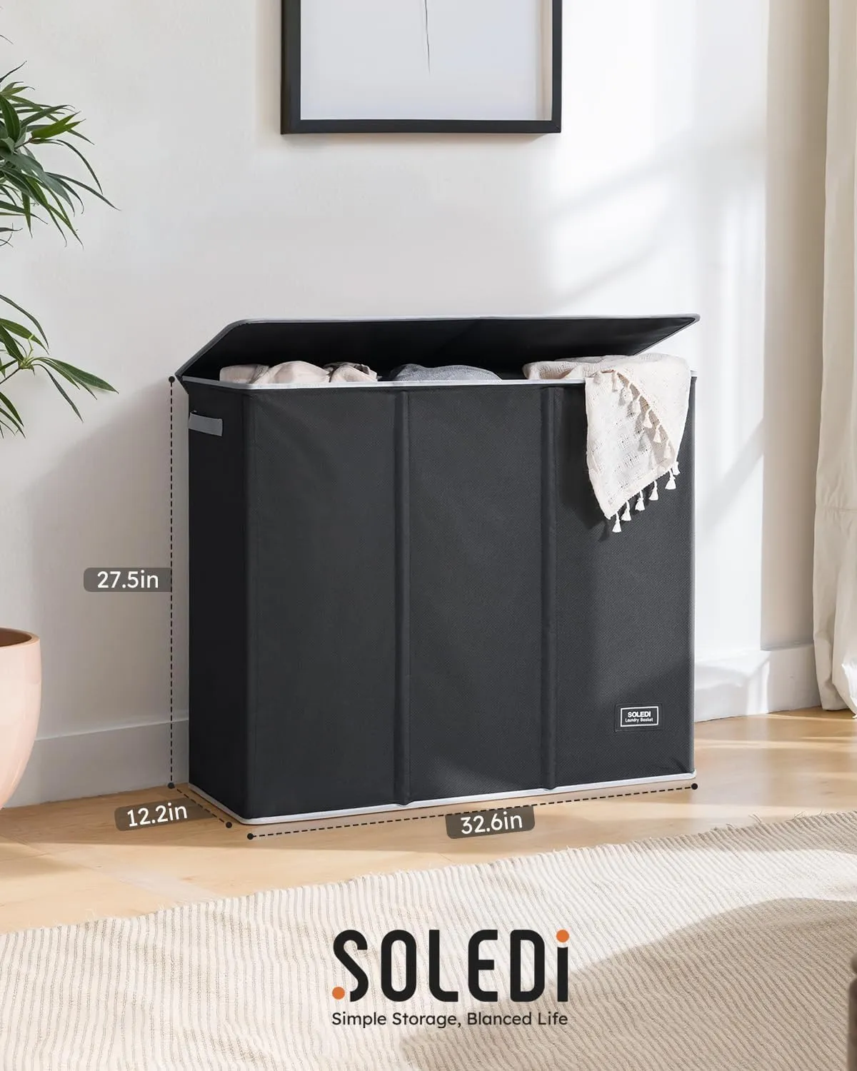 SOLEDI 180L Laundry Hamper 3 Section, Extra Large Laundry Hamper with Lid, Dirty Clothes Hamper with Sturdy Handle, Large Laundry Basket Organizer for Laundry Room, Bedroom, Hampers for Laundry