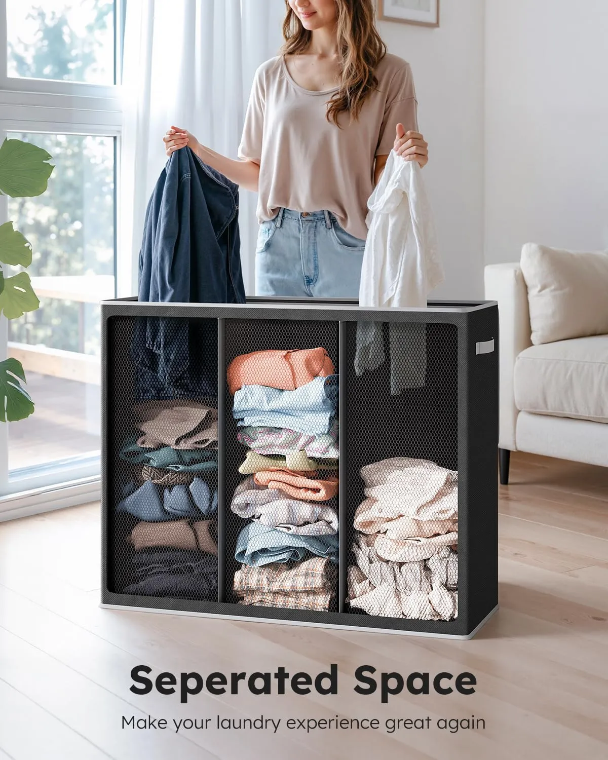 SOLEDI 180L Laundry Hamper 3 Section, Extra Large Laundry Hamper with Lid, Dirty Clothes Hamper with Sturdy Handle, Large Laundry Basket Organizer for Laundry Room, Bedroom, Hampers for Laundry
