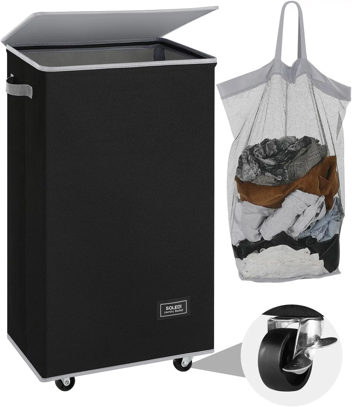 SOLEDI Laundry Basket with Wheels, Laundry Hamper with Lid 90L(23.8 gal), Clothes Hamper with Bag Removable - Rolling Laundry Basket, Move Smoothly- Suitable for Apartment, Bathroom, Bedroom, Dorm