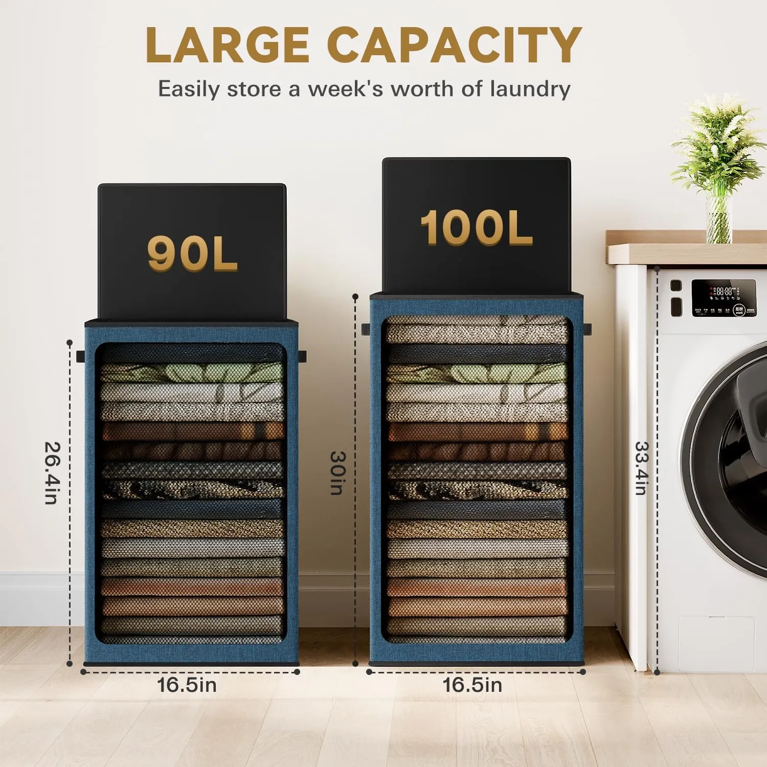 SOLEDI Laundry Hamper with Lid 100L Large & Tall Collapsible Laundry Baskets, Clothes Hamper with Bag Removable Easy to Carry, Dirty Hampers for Bedroom, Bathroom, Dorm, College, Blue