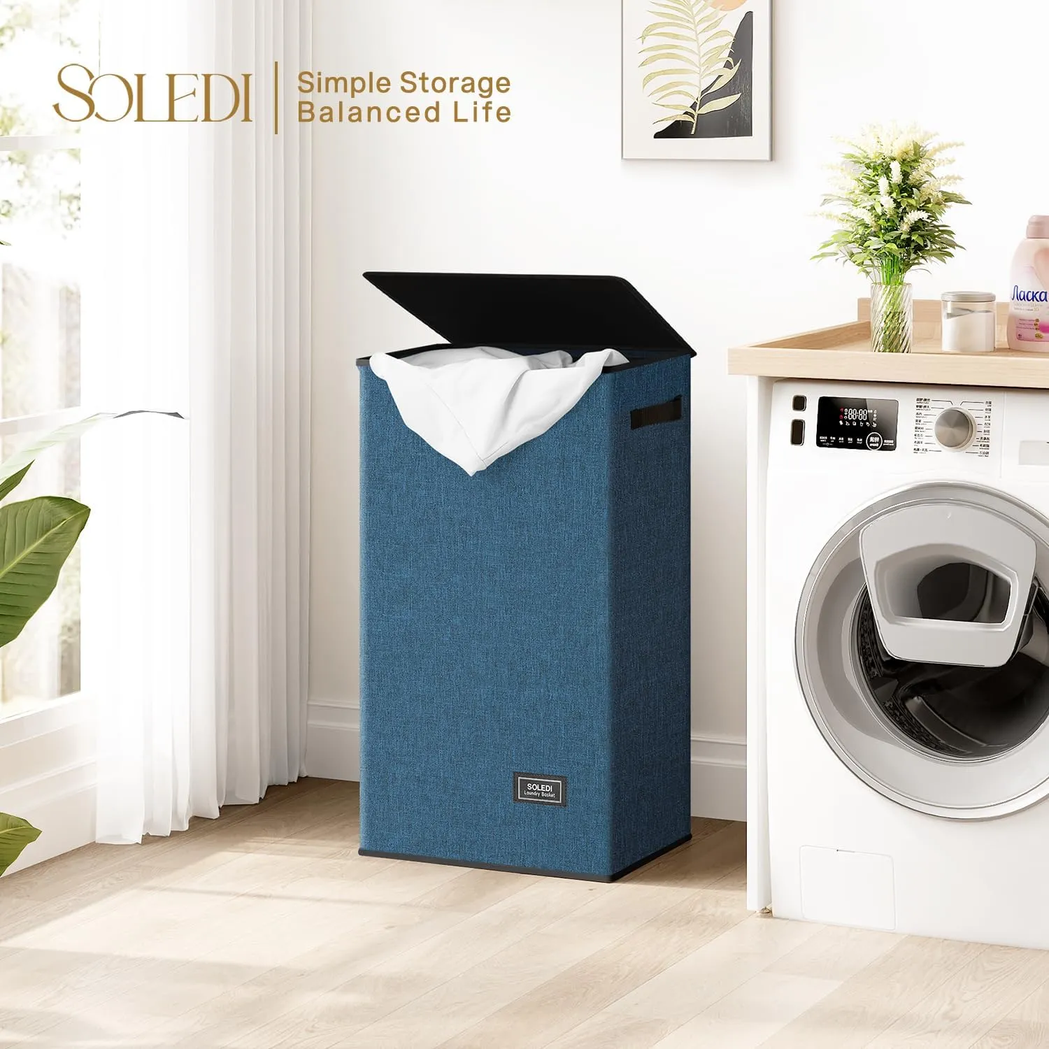 SOLEDI Laundry Hamper with Lid 100L Large & Tall Collapsible Laundry Baskets, Clothes Hamper with Bag Removable Easy to Carry, Dirty Hampers for Bedroom, Bathroom, Dorm, College, Blue