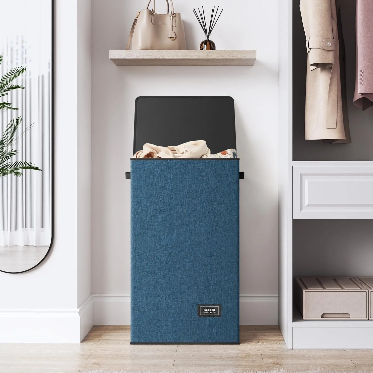 SOLEDI Laundry Hamper with Lid 100L Large & Tall Collapsible Laundry Baskets, Clothes Hamper with Bag Removable Easy to Carry, Dirty Hampers for Bedroom, Bathroom, Dorm, College, Blue