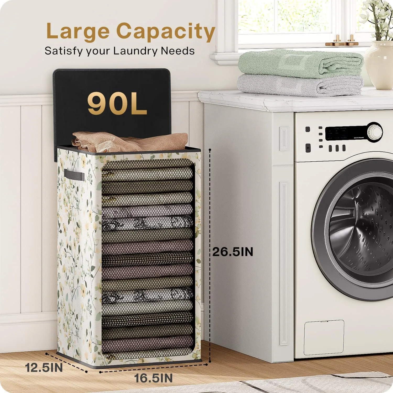 SOLEDI Laundry Hamper with Lid, 90L Tall & Large Floral Laundry Basket, Collapsible Clothes Hamper with Removable Bag, Dirty Hampers for Bedroom, Bathroom, Laundry Room