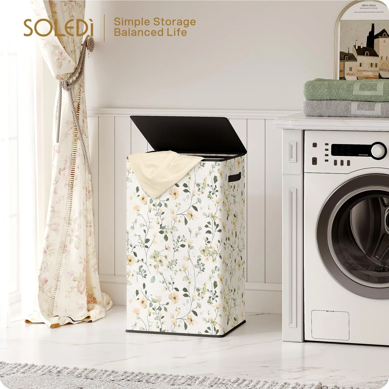 SOLEDI Laundry Hamper with Lid, 90L Tall & Large Floral Laundry Basket, Collapsible Clothes Hamper with Removable Bag, Dirty Hampers for Bedroom, Bathroom, Laundry Room