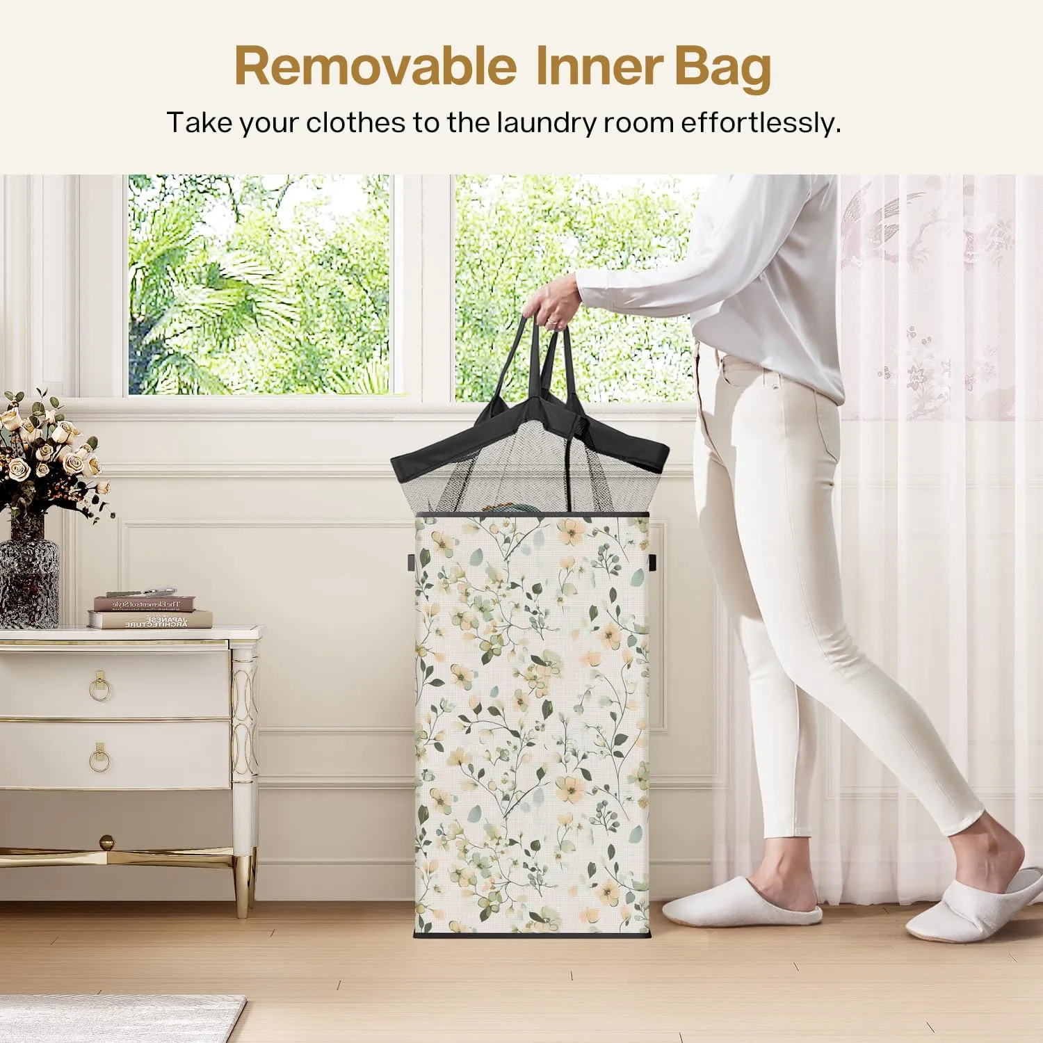 SOLEDI Laundry Hamper with Lid, 90L Tall & Large Floral Laundry Basket, Collapsible Clothes Hamper with Removable Bag, Dirty Hampers for Bedroom, Bathroom, Laundry Room