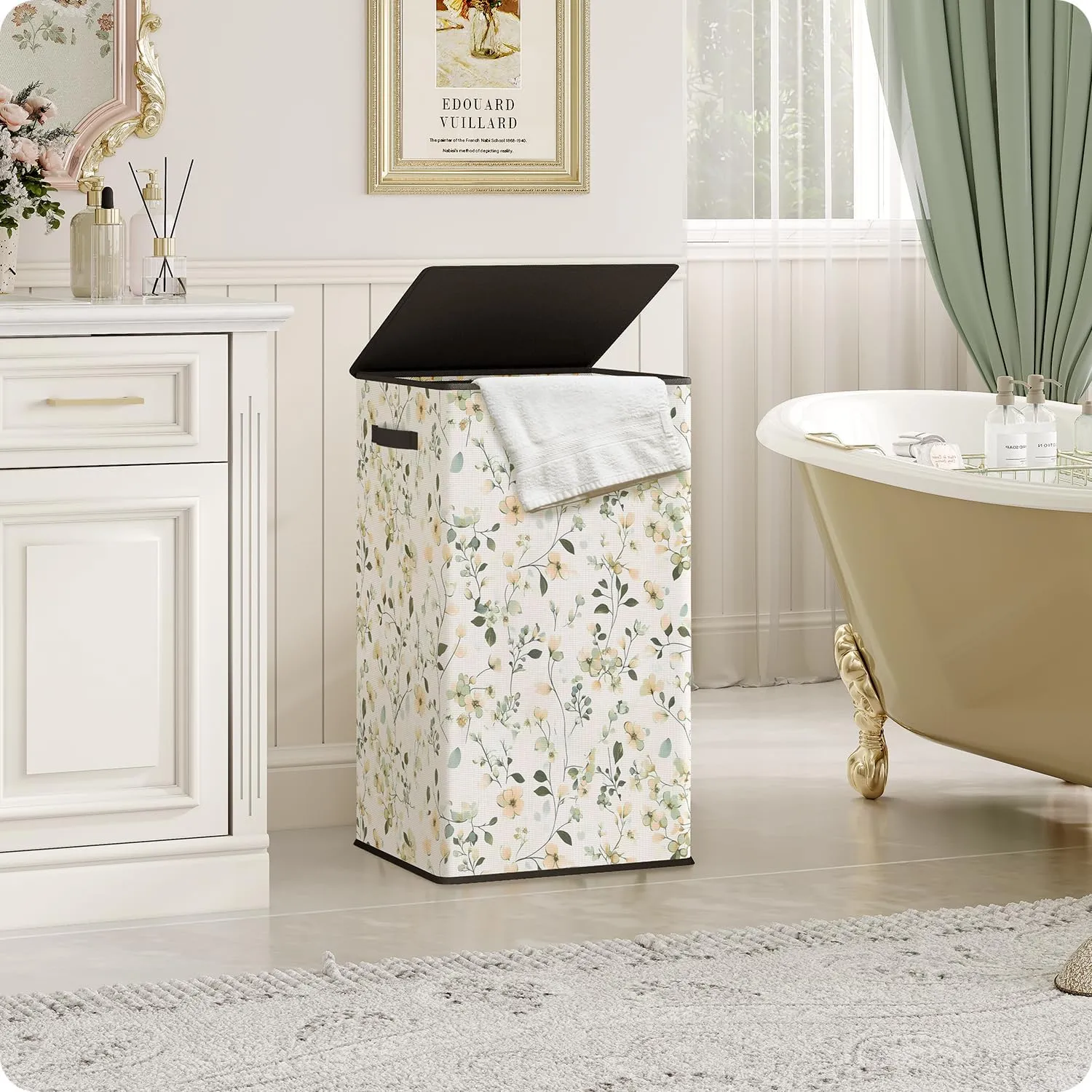 SOLEDI Laundry Hamper with Lid, 90L Tall & Large Floral Laundry Basket, Collapsible Clothes Hamper with Removable Bag, Dirty Hampers for Bedroom, Bathroom, Laundry Room