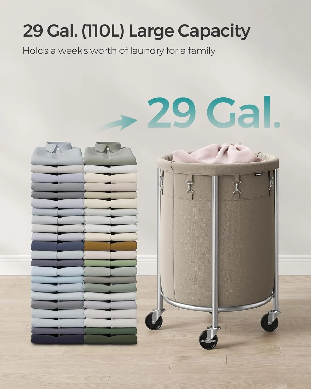 SONGMICS Laundry Basket with Casters, Rolling Laundry Hamper, 29 Gal., Round Laundry Cart with Steel Frame and Removable Bag, 4 Casters and 2 Brakes, Camel Brown and Metallic Silver URLS002N01