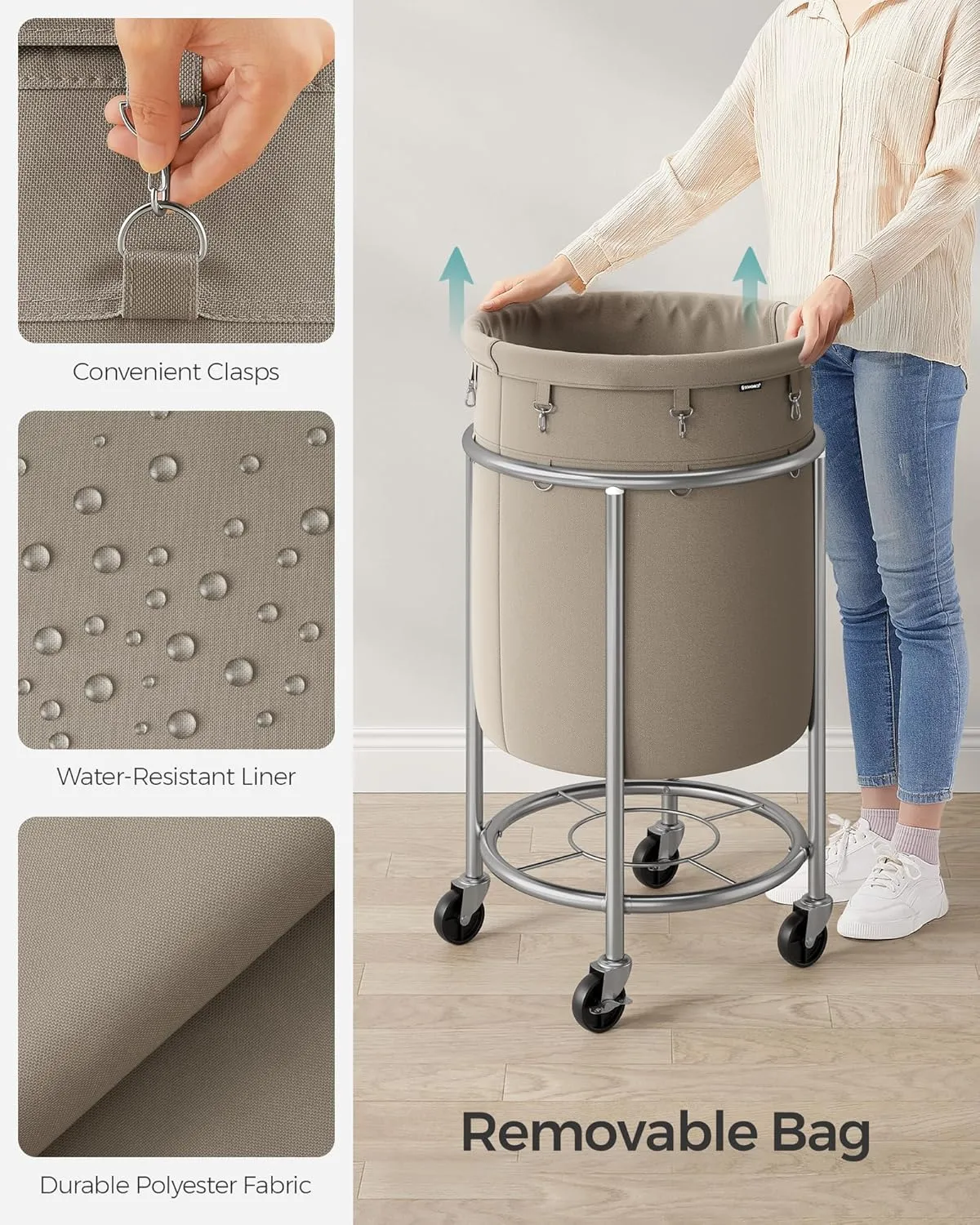 SONGMICS Laundry Basket with Casters, Rolling Laundry Hamper, 29 Gal., Round Laundry Cart with Steel Frame and Removable Bag, 4 Casters and 2 Brakes, Camel Brown and Metallic Silver URLS002N01