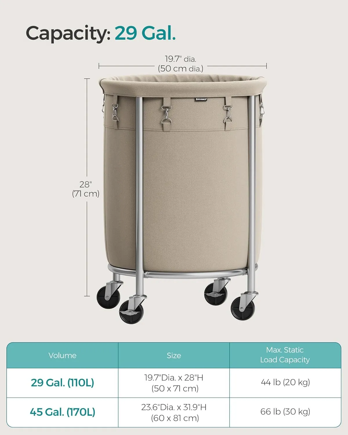 SONGMICS Laundry Basket with Casters, Rolling Laundry Hamper, 29 Gal., Round Laundry Cart with Steel Frame and Removable Bag, 4 Casters and 2 Brakes, Camel Brown and Metallic Silver URLS002N01