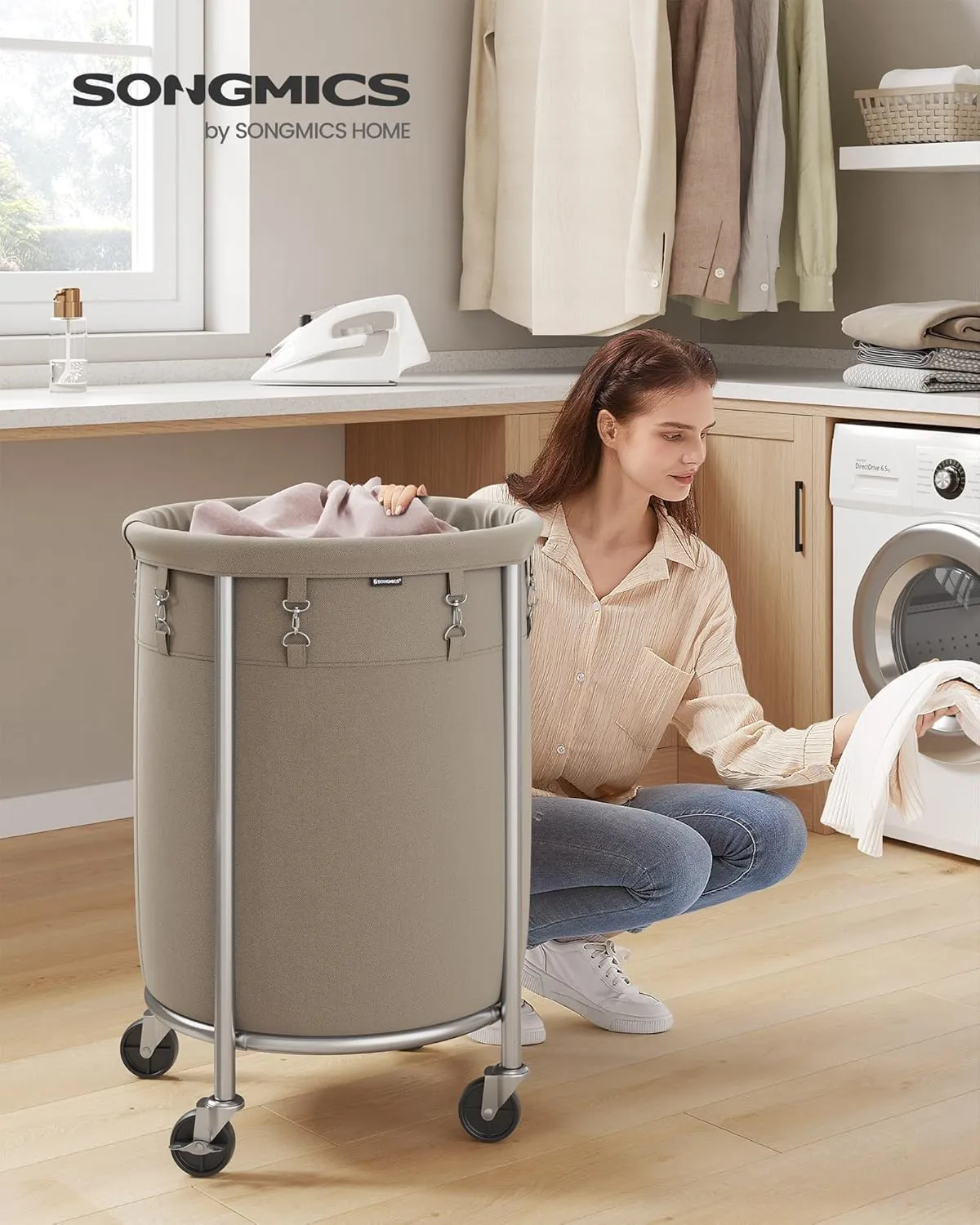 SONGMICS Laundry Basket with Casters, Rolling Laundry Hamper, 29 Gal., Round Laundry Cart with Steel Frame and Removable Bag, 4 Casters and 2 Brakes, Camel Brown and Metallic Silver URLS002N01