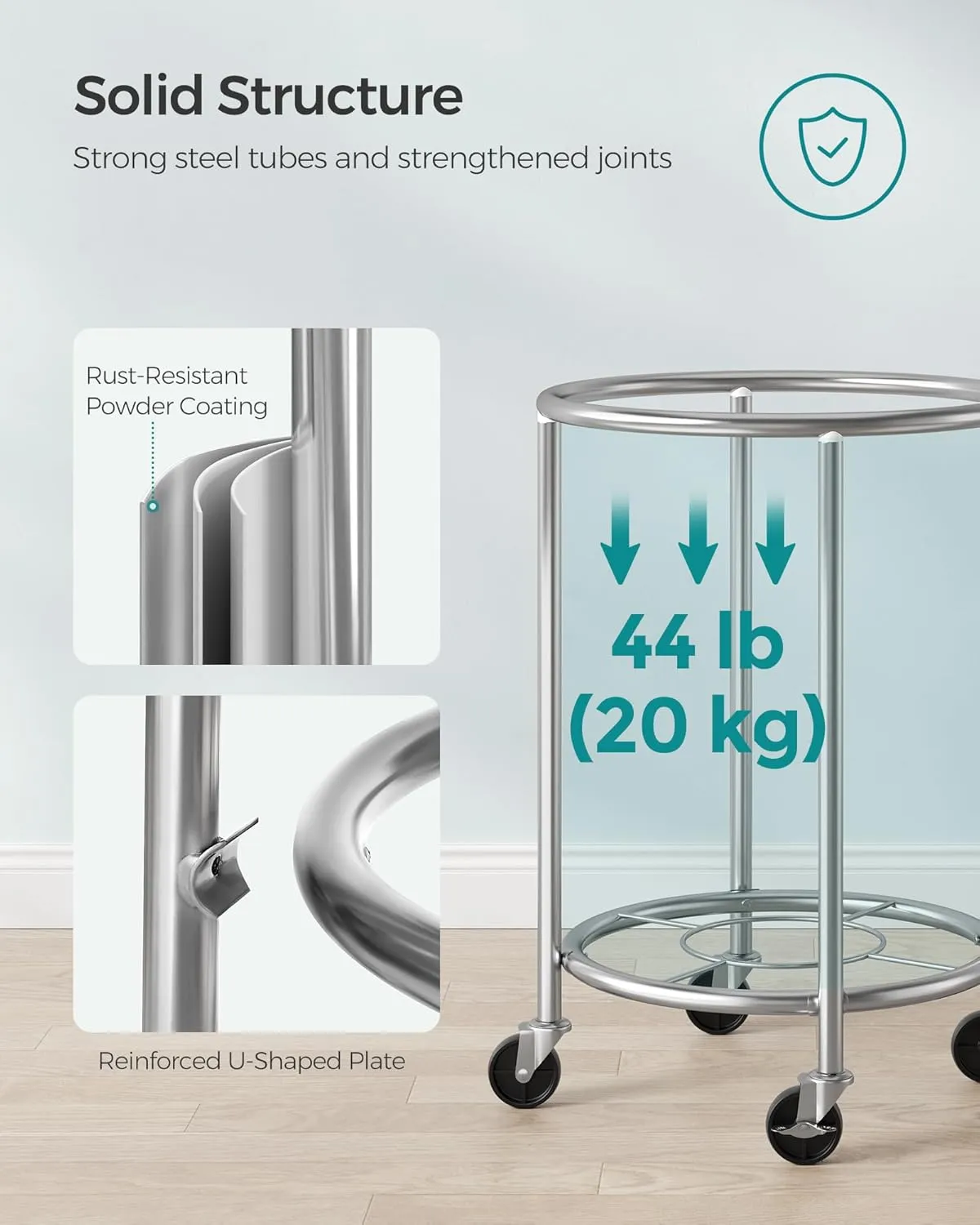 SONGMICS Laundry Basket with Casters, Rolling Laundry Hamper, 29 Gal., Round Laundry Cart with Steel Frame and Removable Bag, 4 Casters and 2 Brakes, Mint Green and Metallic Silver URLS002C01