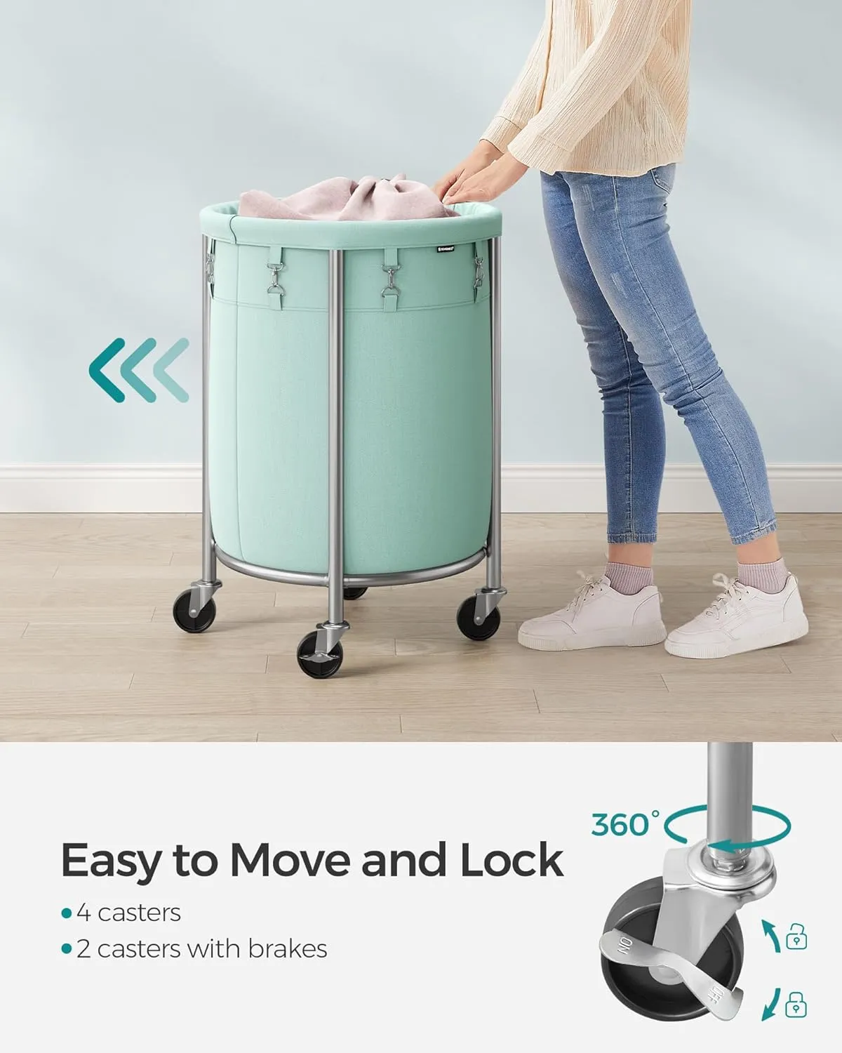 SONGMICS Laundry Basket with Casters, Rolling Laundry Hamper, 29 Gal., Round Laundry Cart with Steel Frame and Removable Bag, 4 Casters and 2 Brakes, Mint Green and Metallic Silver URLS002C01
