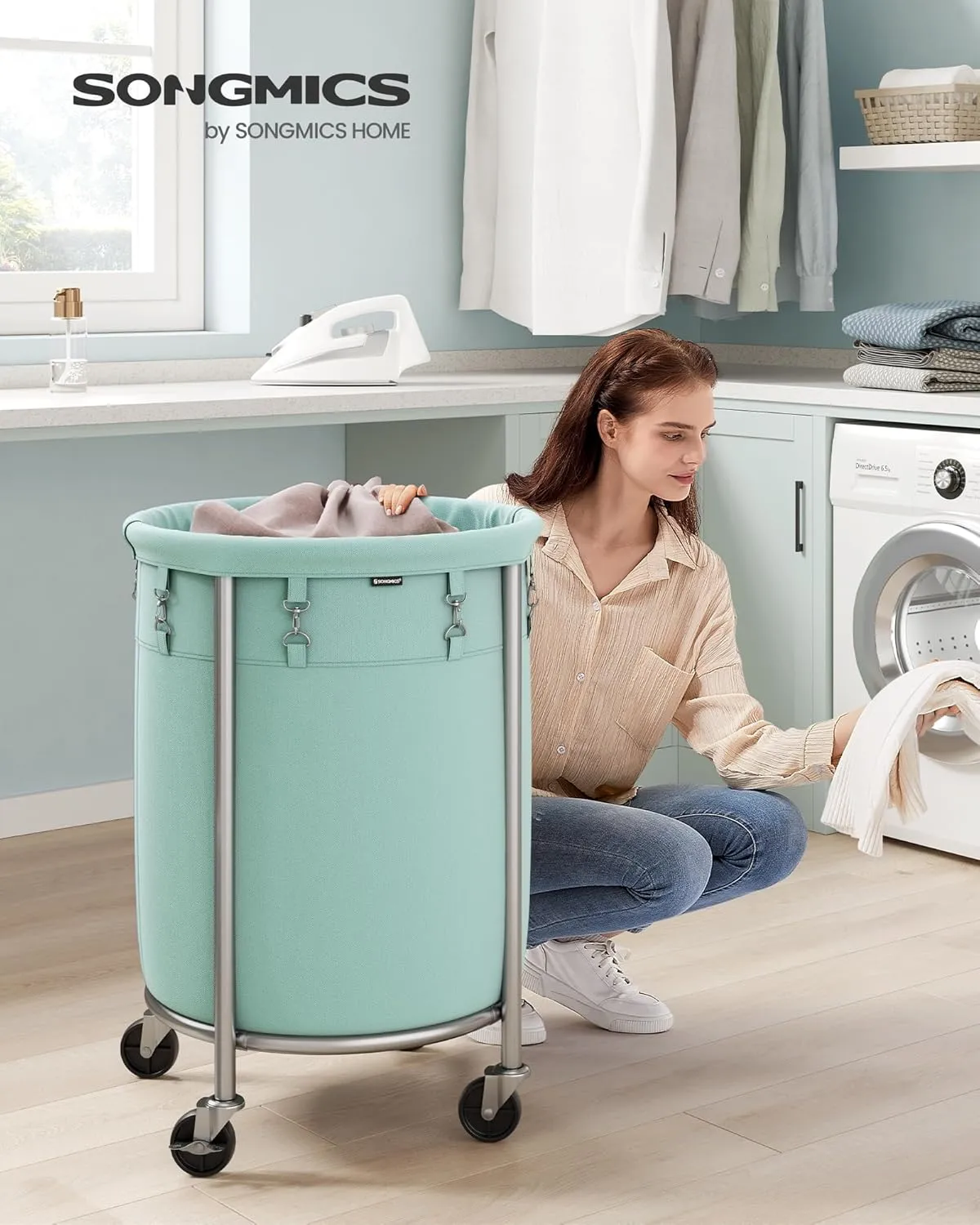 SONGMICS Laundry Basket with Casters, Rolling Laundry Hamper, 29 Gal., Round Laundry Cart with Steel Frame and Removable Bag, 4 Casters and 2 Brakes, Mint Green and Metallic Silver URLS002C01
