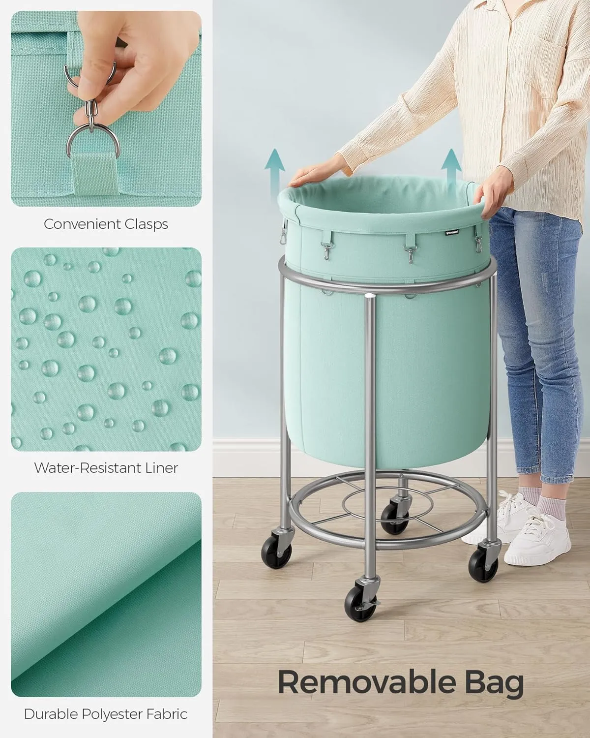 SONGMICS Laundry Basket with Casters, Rolling Laundry Hamper, 29 Gal., Round Laundry Cart with Steel Frame and Removable Bag, 4 Casters and 2 Brakes, Mint Green and Metallic Silver URLS002C01