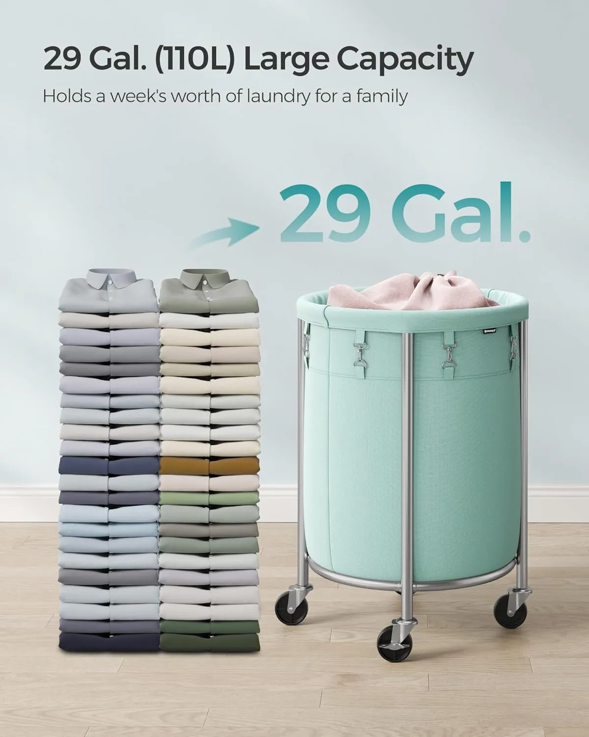 SONGMICS Laundry Basket with Casters, Rolling Laundry Hamper, 29 Gal., Round Laundry Cart with Steel Frame and Removable Bag, 4 Casters and 2 Brakes, Mint Green and Metallic Silver URLS002C01