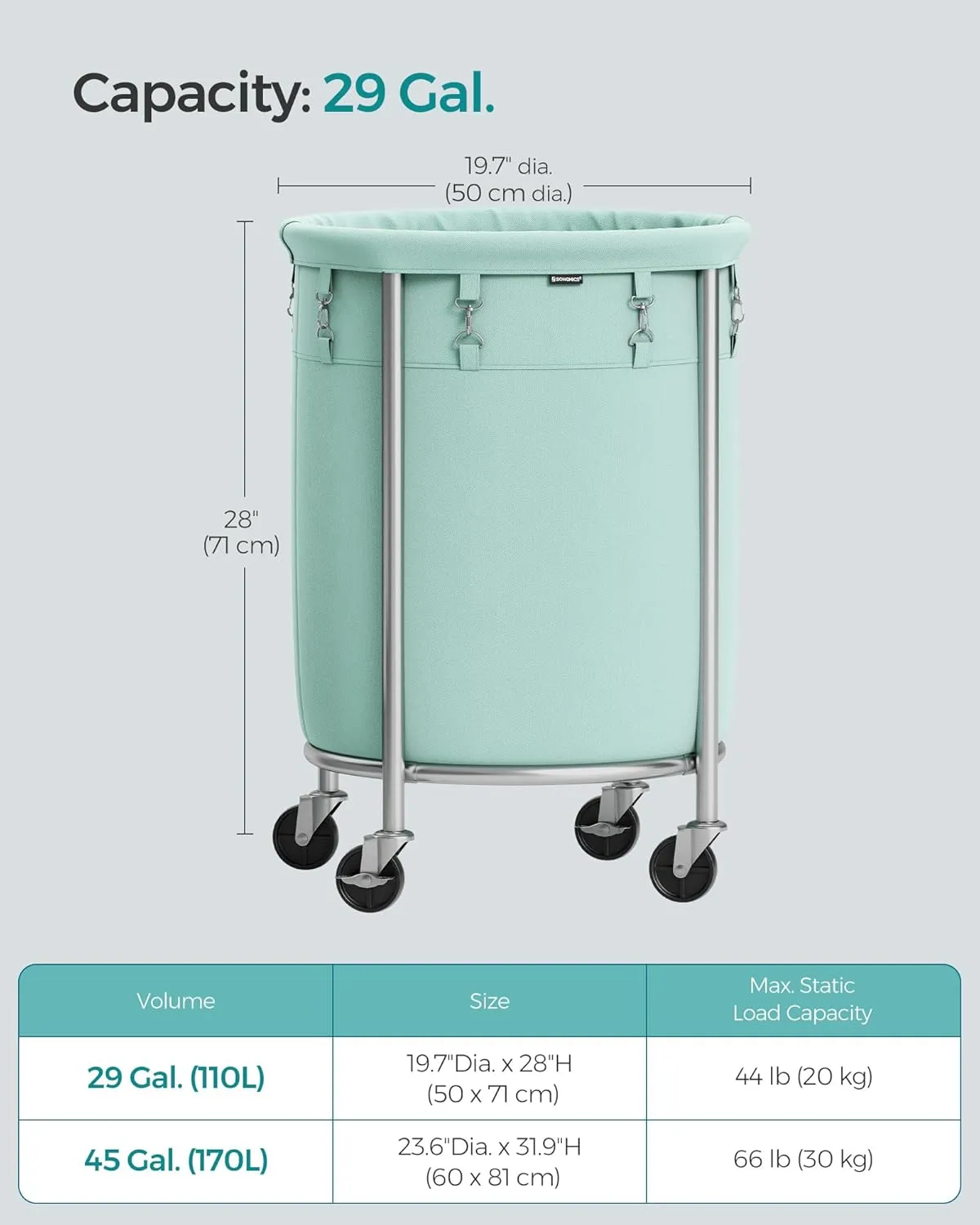 SONGMICS Laundry Basket with Casters, Rolling Laundry Hamper, 29 Gal., Round Laundry Cart with Steel Frame and Removable Bag, 4 Casters and 2 Brakes, Mint Green and Metallic Silver URLS002C01