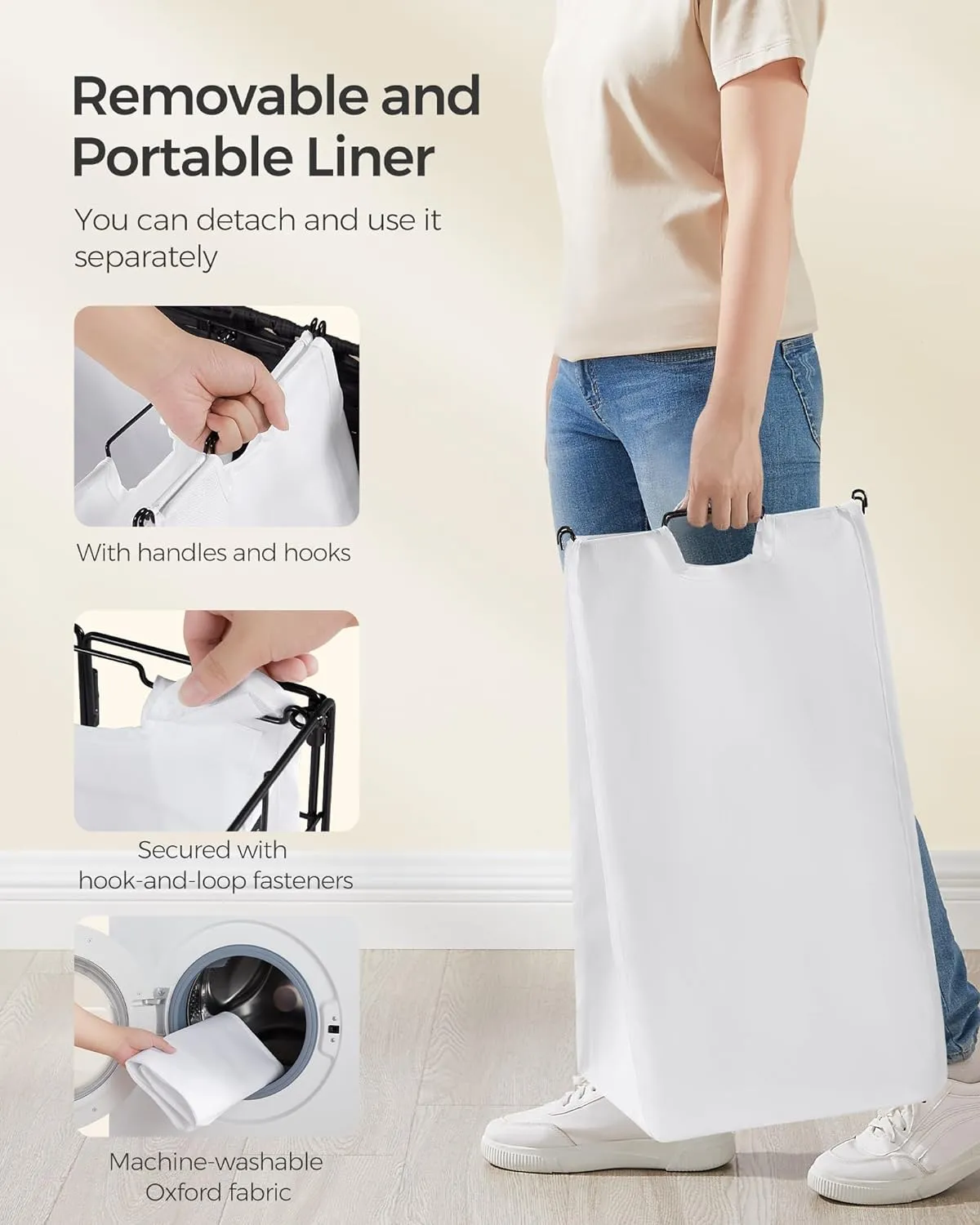 SONGMICS Laundry Hamper, 130L Laundry Basket with Lid, Clothes Hamper with Wheels, Collapsible Removable Liner Bag, Iron-Made Laundry Sorter, Ink Black and Cloud White ULCB313B12