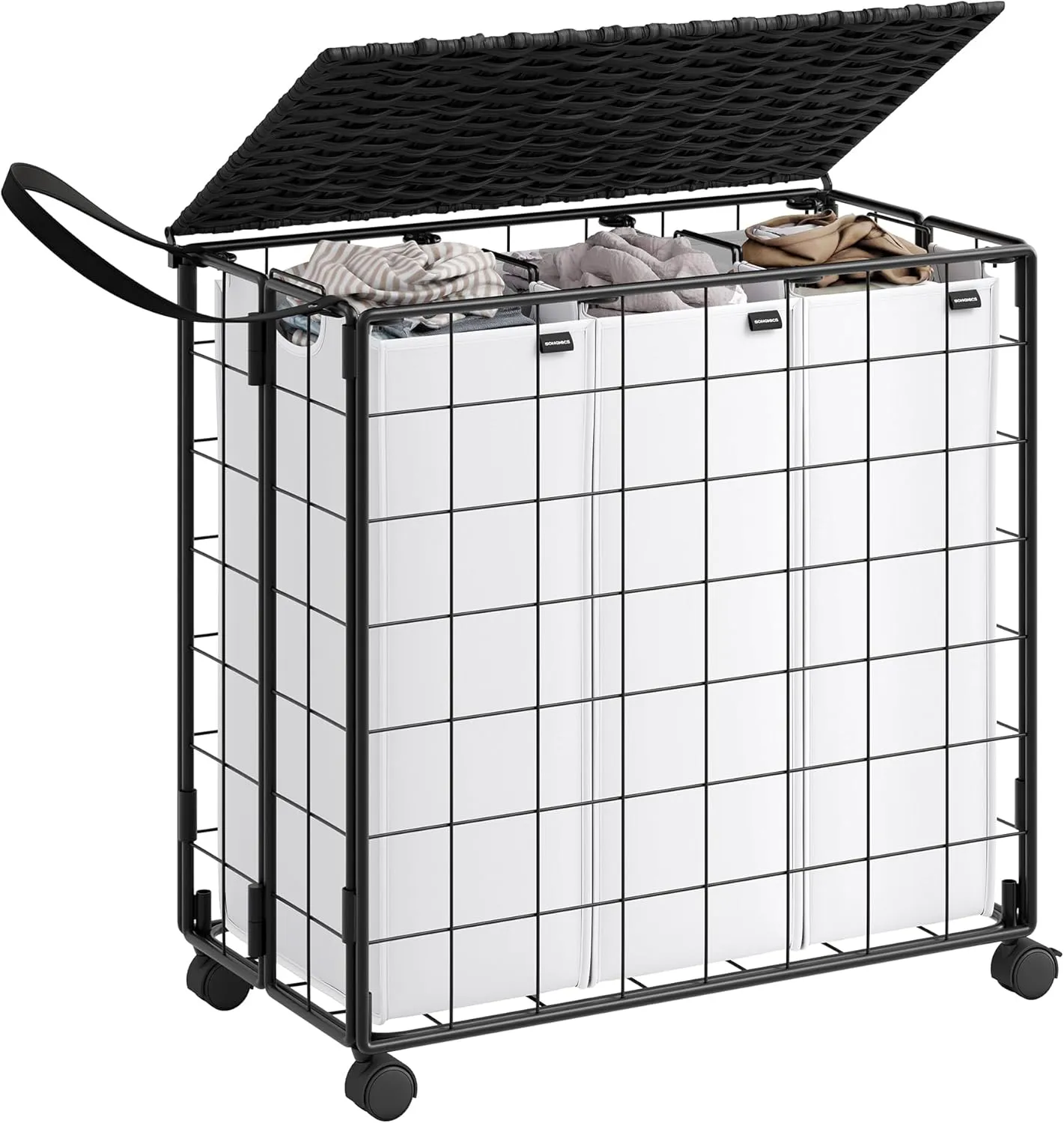 SONGMICS Laundry Hamper, 130L Laundry Basket with Lid, Clothes Hamper with Wheels, Collapsible Removable Liner Bag, Iron-Made Laundry Sorter, Ink Black and Cloud White ULCB313B12