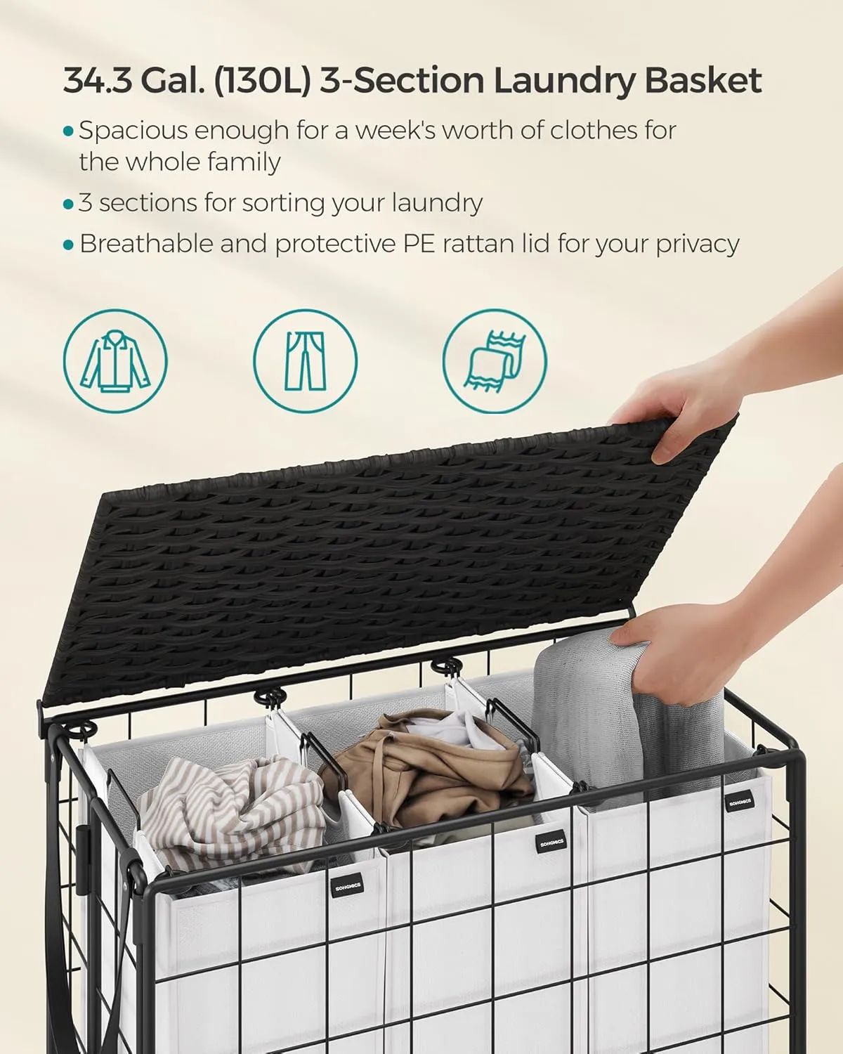 SONGMICS Laundry Hamper, 130L Laundry Basket with Lid, Clothes Hamper with Wheels, Collapsible Removable Liner Bag, Iron-Made Laundry Sorter, Ink Black and Cloud White ULCB313B12