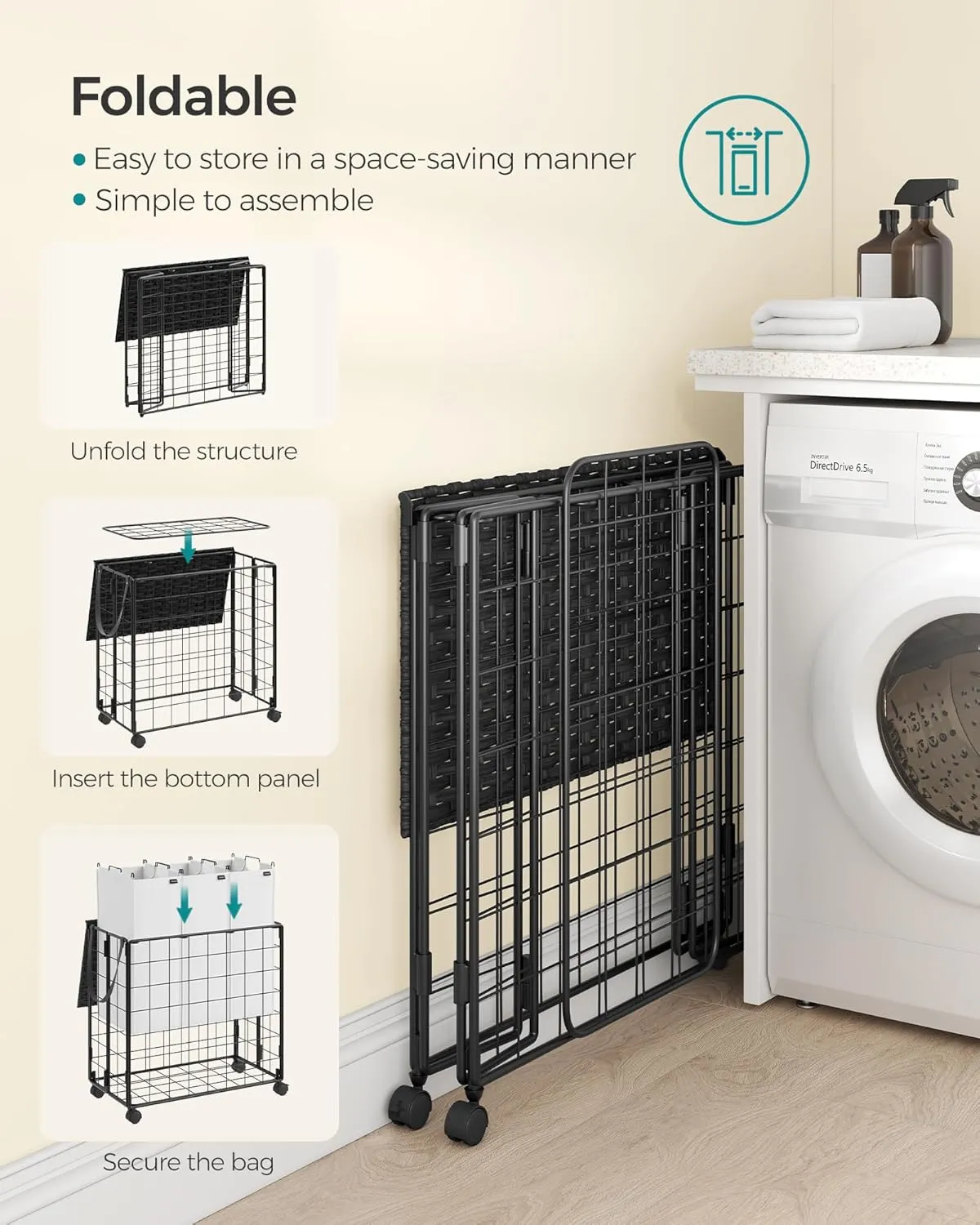 SONGMICS Laundry Hamper, 130L Laundry Basket with Lid, Clothes Hamper with Wheels, Collapsible Removable Liner Bag, Iron-Made Laundry Sorter, Ink Black and Cloud White ULCB313B12