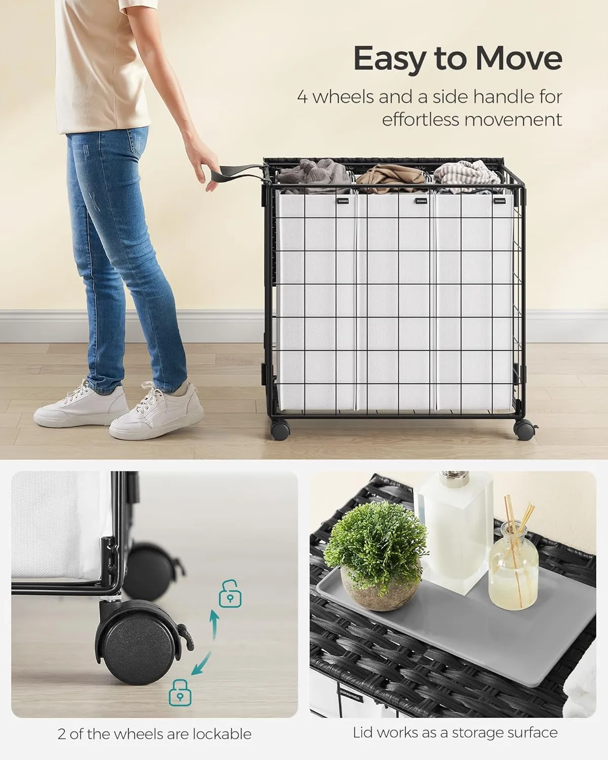 SONGMICS Laundry Hamper, 130L Laundry Basket with Lid, Clothes Hamper with Wheels, Collapsible Removable Liner Bag, Iron-Made Laundry Sorter, Ink Black and Cloud White ULCB313B12