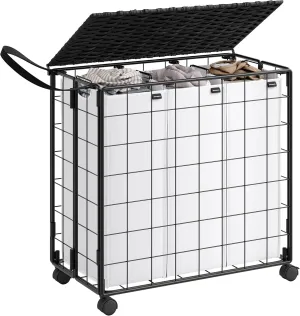 SONGMICS Laundry Hamper, 130L Laundry Basket with Lid, Clothes Hamper with Wheels, Collapsible Removable Liner Bag, Iron-Made Laundry Sorter, Ink Black and Cloud White ULCB313B12