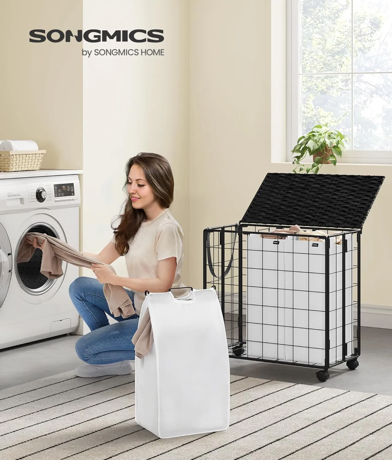 SONGMICS Laundry Hamper, 130L Laundry Basket with Lid, Clothes Hamper with Wheels, Collapsible Removable Liner Bag, Iron-Made Laundry Sorter, Ink Black and Cloud White ULCB313B12