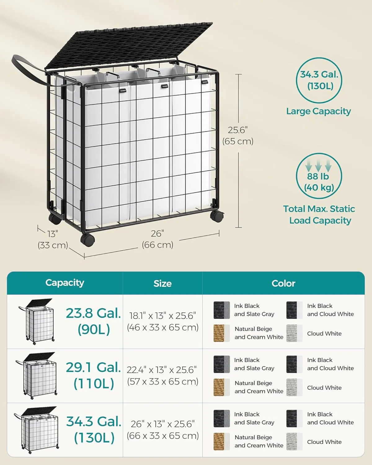 SONGMICS Laundry Hamper, 130L Laundry Basket with Lid, Clothes Hamper with Wheels, Collapsible Removable Liner Bag, Iron-Made Laundry Sorter, Ink Black and Cloud White ULCB313B12