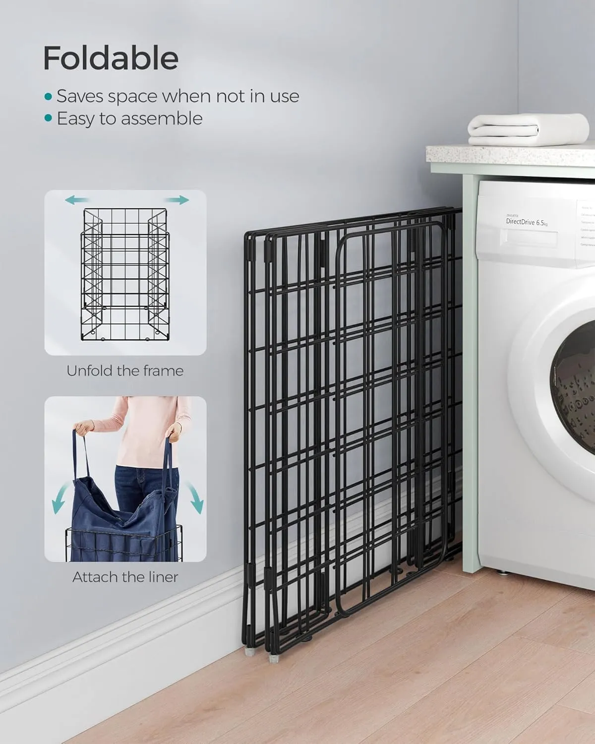 SONGMICS Laundry Hamper, 23.8 Gal. (90L) Laundry Basket, Collapsible Clothes Hamper, Removable and Washable Liner, Metal Wire Frame, for Bedroom Bathroom, Black and Charcoal Blue ULCB190Q01
