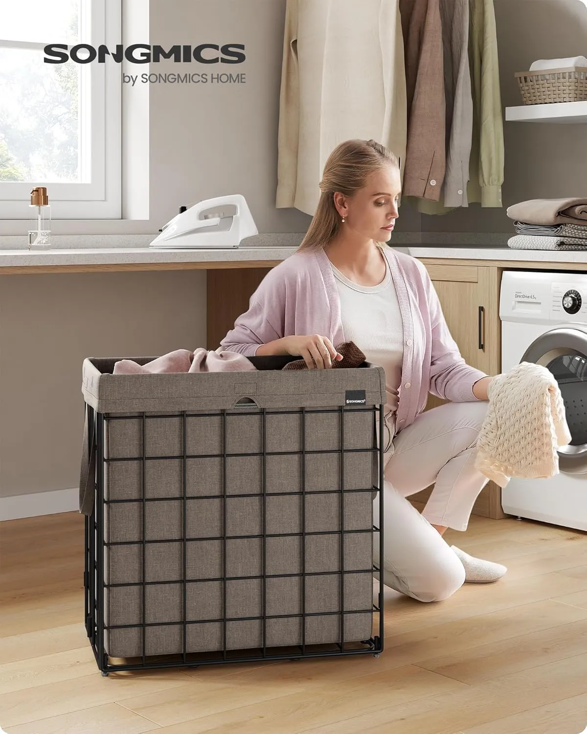 SONGMICS Laundry Hamper, 29 Gal. (110L) Laundry Basket, Collapsible Clothes Hamper, Removable and Washable Liner, Metal Wire Frame, for Bedroom Bathroom, Black and Camel Brown ULCB111N01
