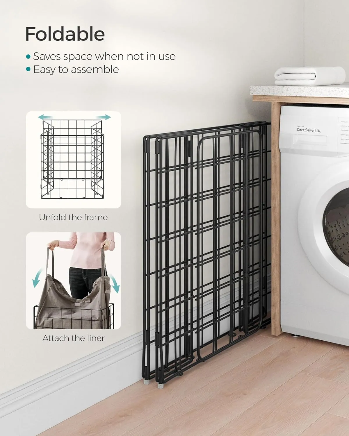 SONGMICS Laundry Hamper, 29 Gal. (110L) Laundry Basket, Collapsible Clothes Hamper, Removable and Washable Liner, Metal Wire Frame, for Bedroom Bathroom, Black and Camel Brown ULCB111N01