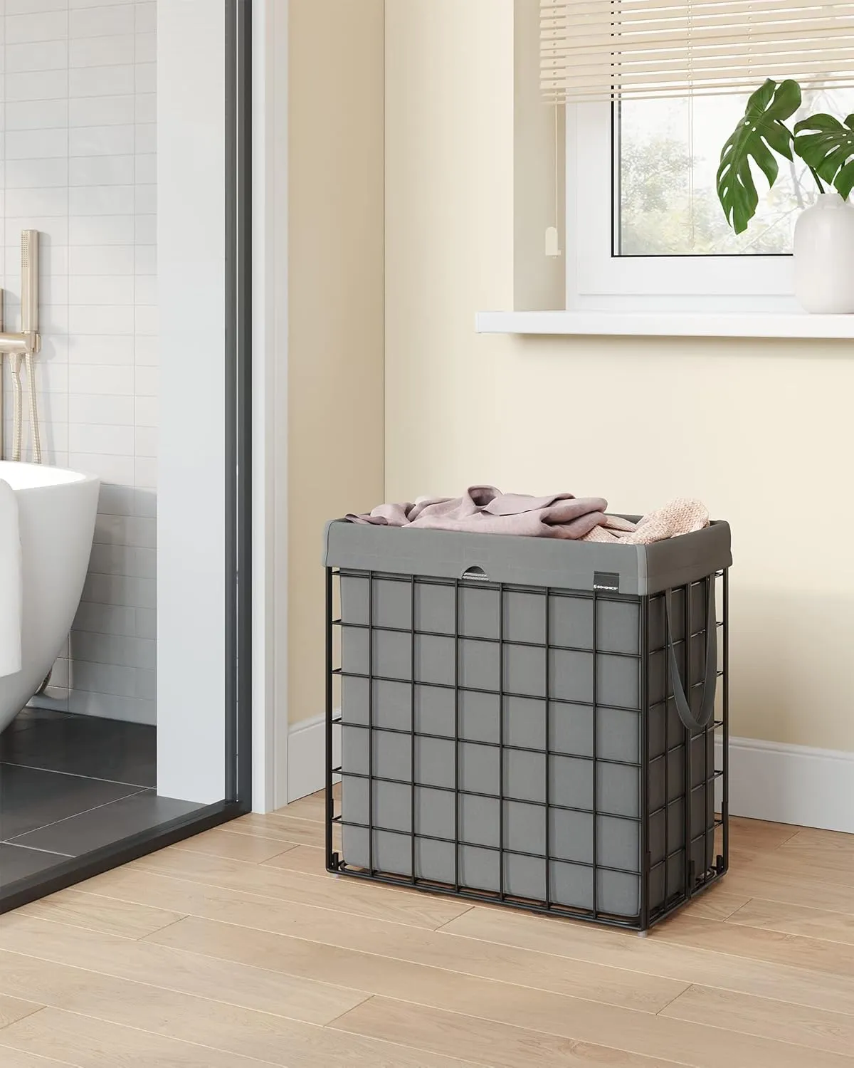 SONGMICS Laundry Hamper, 29 Gal. (110L) Laundry Basket, Collapsible Clothes Hamper, Removable and Washable Liner, Metal Wire Frame, for Bedroom Bathroom, Black and Gray ULCB111G01
