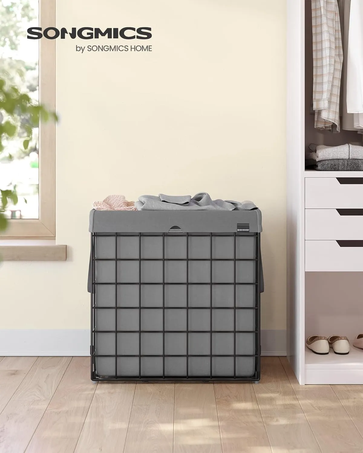 SONGMICS Laundry Hamper, 29 Gal. (110L) Laundry Basket, Collapsible Clothes Hamper, Removable and Washable Liner, Metal Wire Frame, for Bedroom Bathroom, Black and Gray ULCB111G01