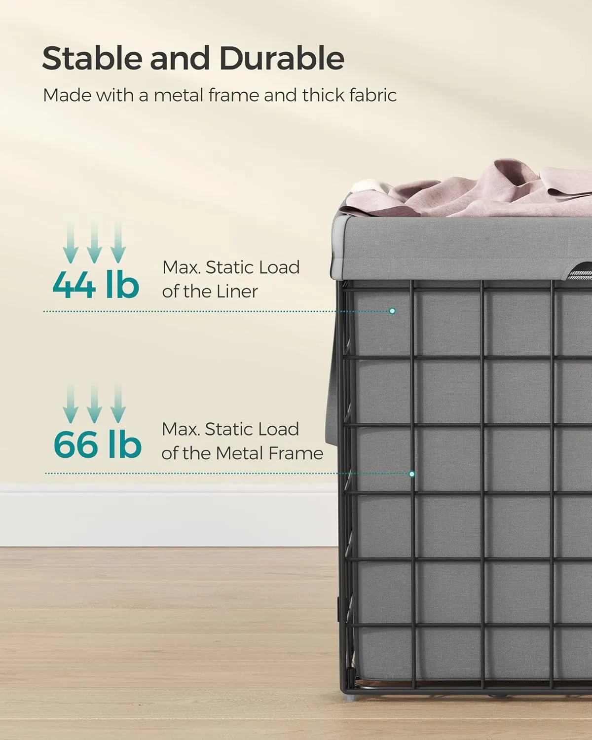 SONGMICS Laundry Hamper, 29 Gal. (110L) Laundry Basket, Collapsible Clothes Hamper, Removable and Washable Liner, Metal Wire Frame, for Bedroom Bathroom, Black and Gray ULCB111G01
